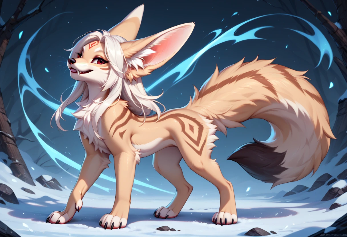 The best quality, Japanese adolescent hatsune miku x kitsune , fox face elongated snout add-detail, Surprise face, sweaty body, heated add_detail,, kitsune warrior in the snow add_detail:1, Whole body, barefoot add_detail:1 mistycal aura