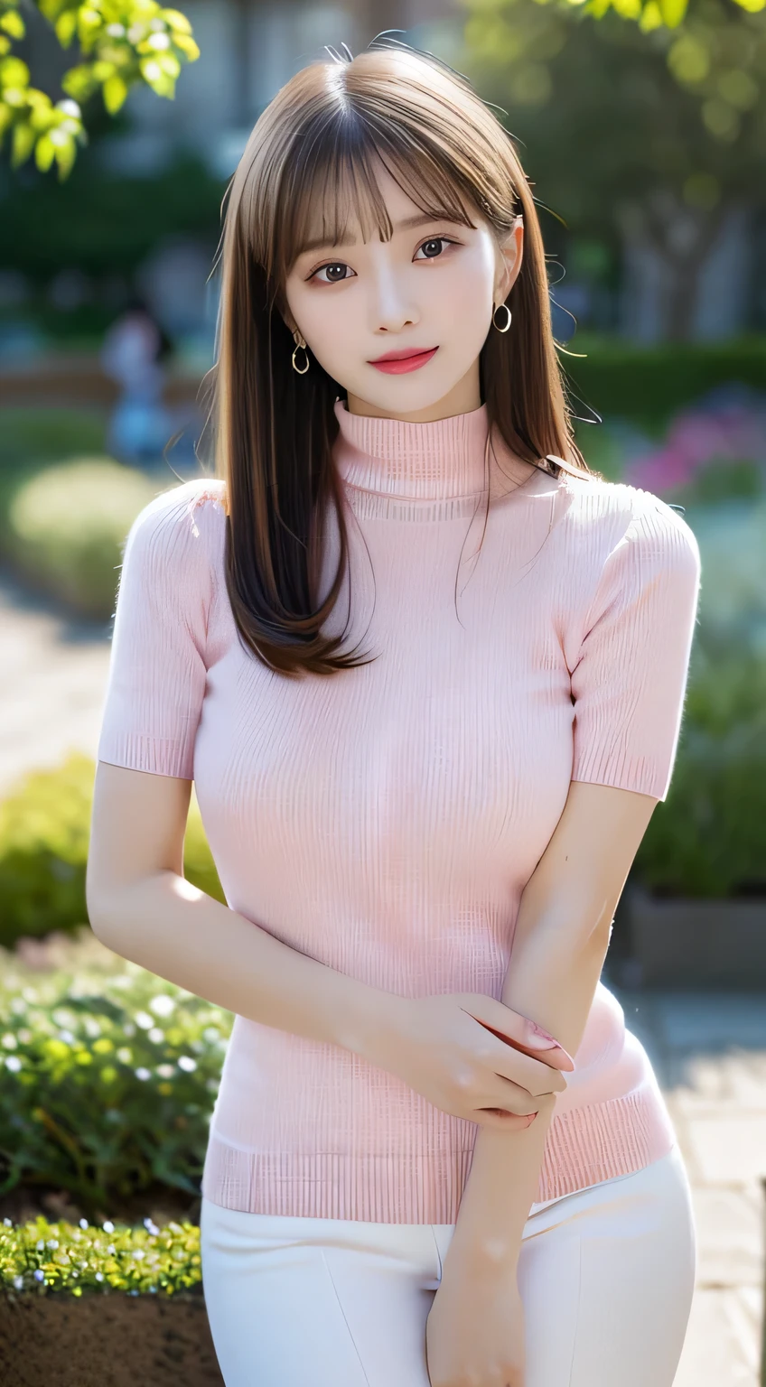 a closeup, masterpiece, top-quality, FULL ANATOMY、Raw foto, Photorealsitic、(Cute little face:1.7)、(Very cute smile:1.7)、(with round face:1.8)、(She has a cute face like an idol、double tooth:1.3), A dark-haired、(Tokusatsu Pink、Pink Ranger:1.6), depth of fields, hight resolution, ultra-detailliert, finely detail, ighly detailed, extremely detailed eye and face, Realistic pupils, foco nítido, Cinematic lighting、19-year-old woman、(One lady、独奏)、sexy pose、 poneyTail、Curly hair、Patsun bangs、Very detailed 8k wallpaper、Plaid pleated skirt、Show me your whole body、(Plump panties:1.3)、Cute panties in light colors、White Sox、(Panties are visible from the skirt、Lift the hem of the skirt with both hands、Showing her panties to the camera)、is standing、Angle from below、(Thigh close-up)、(Nice figure、big breasts thin waist、Kubire、Clothes with emphasized chest bulge)、depth of fields、Bokeh in the background