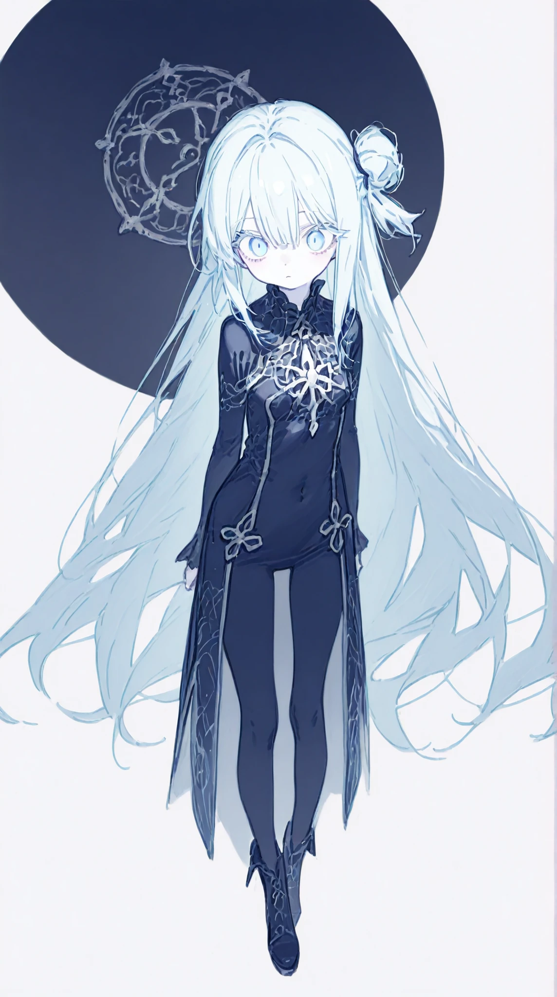 masterpiece、completely complete、super quality、best quality、 mysterious 、no expression、cool、 beauty、delicate、very long hair、hanging eye、sharp eyed、straight hair、long hair、anime style、((light blue hair tied at the top:1.5))、(( Dark Blue Eyes :1.5))、bungs、pure white skin、Original Characters、intricate design、Unique Design、long eyelashes、full bodyの描画、request、Possible Adoption、full body、background、((白いbackground:1.5))、full body、pure white skin、background無地、backgroundなし、characters only、 dull colors 、 tattered clothes、Undead、bandage。