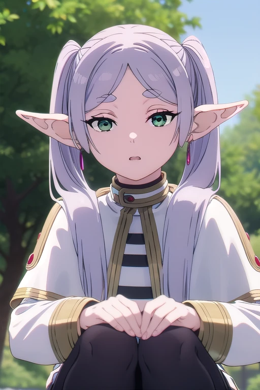 frieren, frieren, long hair, twintails, (green eyes:1.5), grey hair, pointy ears, elf,
BREAK shirt, long sleeves, jewelry, pantyhose, earrings, striped, black pantyhose, capelet, striped shirt,
BREAK looking at viewer, upper body,
BREAK outdoors, sky, nature,
BREAK (masterpiece:1.2), best quality, high resolution, unity 8k wallpaper, (illustration:0.8), (beautiful detailed eyes:1.6), extremely detailed face, perfect lighting, extremely detailed CG, (perfect hands, perfect anatomy),