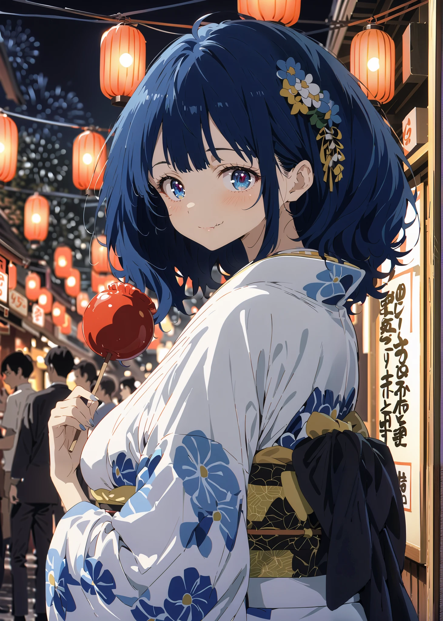 score_9, score_8_up, score_7_up, source_anime, Anayanami ,side lock,Single dumpling hair , Nape,flower hair ornament,blue eyes, stupid hair, blue hair,Big Breasts,smile,cover,Blue flower pattern kimono,turns around,Holding a candy apple with a stick in one hand,eating apple candy,Light up fireworks,Japanese stalls ,night,綺麗なnight景,mysterious,is standing,Red Lantern,fair,full bodyがillustrationsに入るように,break outdoors, Japanese festival,
break looking at viewer,full body,
break (masterpiece:1.2), best quality, high resolution, Unity 8k Wallpaper, (illustrations:0.8), (beautiful detailed eyes:1.6), very detailed face, so that it fits into the illustration, extremely detailed CG, (curved body, perfect anatomy from a shellfish),