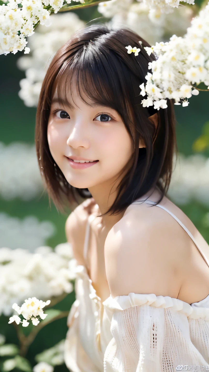 (8k、RAW photo、best quality)、(realistic、photorealistic:1.3)、beautiful and detailed face that makes me crazy、Detailed texture of face、 fine and beautiful skin、skin texture with eyes facing directly above、super A high resolution、 full body shot 、 Beautiful and slim legs 、shortcuts for white doors、美しいJapanese woman、美しい young女性と、、Japanese woman、Beautiful Girl、 young、 adorable by design、Ulzzang、Cute girl face、 portrait of a Japanese female idol 、very pretty girl、(I'm wearing a plain white camisole、A field of white flowers on one side、facing the front、nsfw:1.3)、Clear skies, slender,