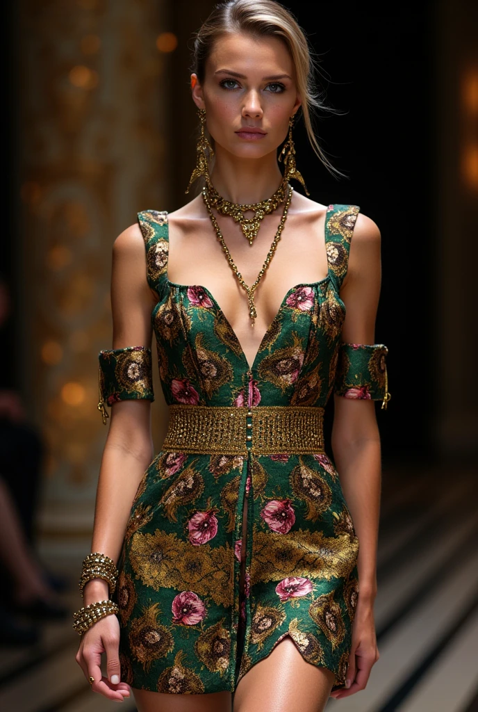 photo of LEvangelista a supermodel, modelshoot style, (extremely detailed CG unity 8k wallpaper), Intricate, High Detail, Sharp focus, smiling, photorealistic painting art by midjourney and greg rutkowski , (waist chain), ((fashion show)), ((walking down the runway)), ((paparazzi in the background)), (looking at viewer), (detailed pupils:1.2), (elegant colorful dress:1.3) brightly lit, <lora:LEvangelista:0.8>