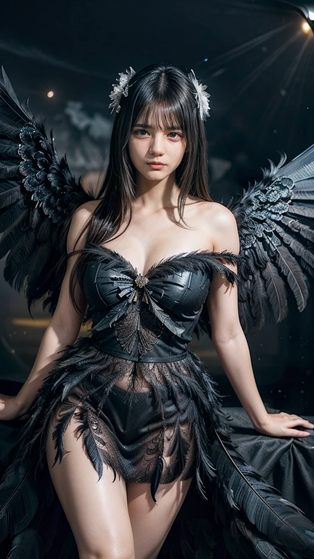 Masterpiece, Best quality, Ultra-detailed, illustration, epic lighting, Cinematic composition, isometry,(hexagons:1.2), 1girll, Horns, Solo, Yellow eyes, Black hair, Long hair, (Low wing:1.2), Large cleavage, Bare shoulders, hair between eye, big breasts, view the viewer, Semi-closed Eyes, (view the viewer:1.1), parted lip, Blush, Black feathers fall, Arena, particle fx, (8K:1.1), nsfw