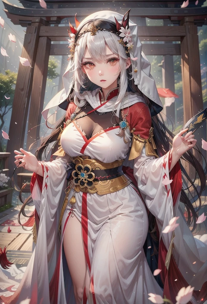 (masterpiece, Highest quality, Highest quality, Official Art, beautifully、aesthetic:1.2), (One person女の子:1.3), (Fractal Art:1.3),Absurd, masterpiece, Highest quality, Realistic, Ultra-detailed, (Glowing Skin, Sweaty:1.4), View your viewers, thin, One person, alone, White sneakers, White mini skirt, Long Hair, Twin tails, Princess Cut, Gray Hair, Red eyes, (Thick thighs:0.5), Dynamic Lighting, High resolution, Sharp focus, Depth of written boundary, Medium chest, Side bust, Wolf Girl, animal, Wolf Year, masterpiece, Highest quality, Very detailed, figure, Very detailed face, Highest quality face, evil, 18-year-old, Adult, One person, 18-year-old, Gray Hair, Alchemy Outfit, Intricate and elaborate costumes, Sexy pose, Shiny red dress, cute, cute, Digital Art, Detailed drawn eyes, blush, Red cheeks