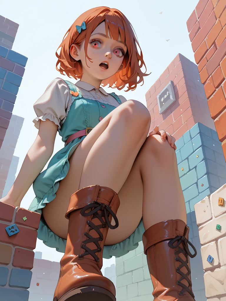A girl half-squats on the side of the village road