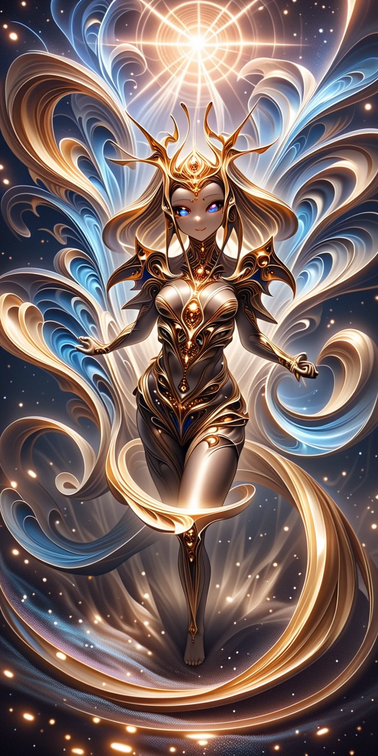 full shot body phot, illustration, cinematic light, fantasy, highest quality, ultra detailed,  best quality, masterpiece, (detailed face), tall and sexy mature woman , dress made of gold coins chained together, glowing flowing sand, floating ember crystals, golden hair jewelry, metal reflecting sun light, (focus on body:1.25), clear blue sky, desert and ocean in background, long curly hair, golden eyes, emitting magic energy, dark, light reflection --s2