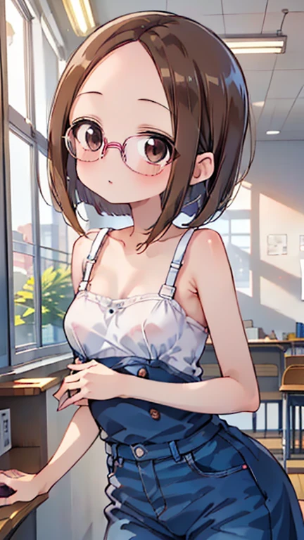 8k、masterpiece、Japanese、Woman wearing glasses、anise、from the front、smile、Childish、Big Breasts、Transparent school swimsuit、night、Bedroom、Spread your legs and show、Pee is yellow