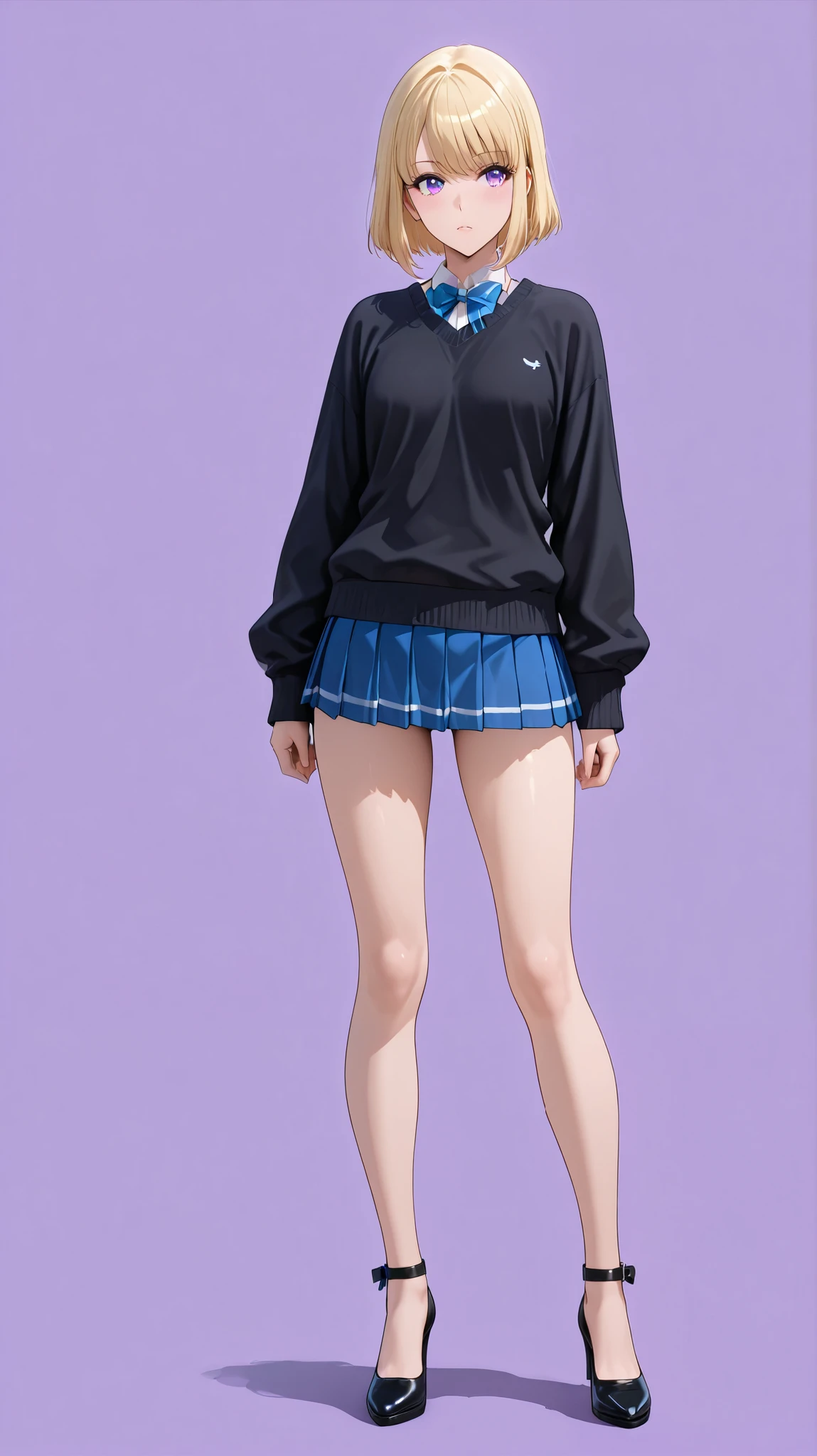 unrealistic high resolution,Solo Level Up Anime Young Woman, She's Fair Skin and Blonde Bob Hair、Has Striking Purple Eyes, her chest is medium , she's wearing a black sweater ,She is wearing a marine blue pleated skirt, mini skirt,face, She's standing , she's standing facing the front ,black high heels,with a beautiful sandy beach in the background,