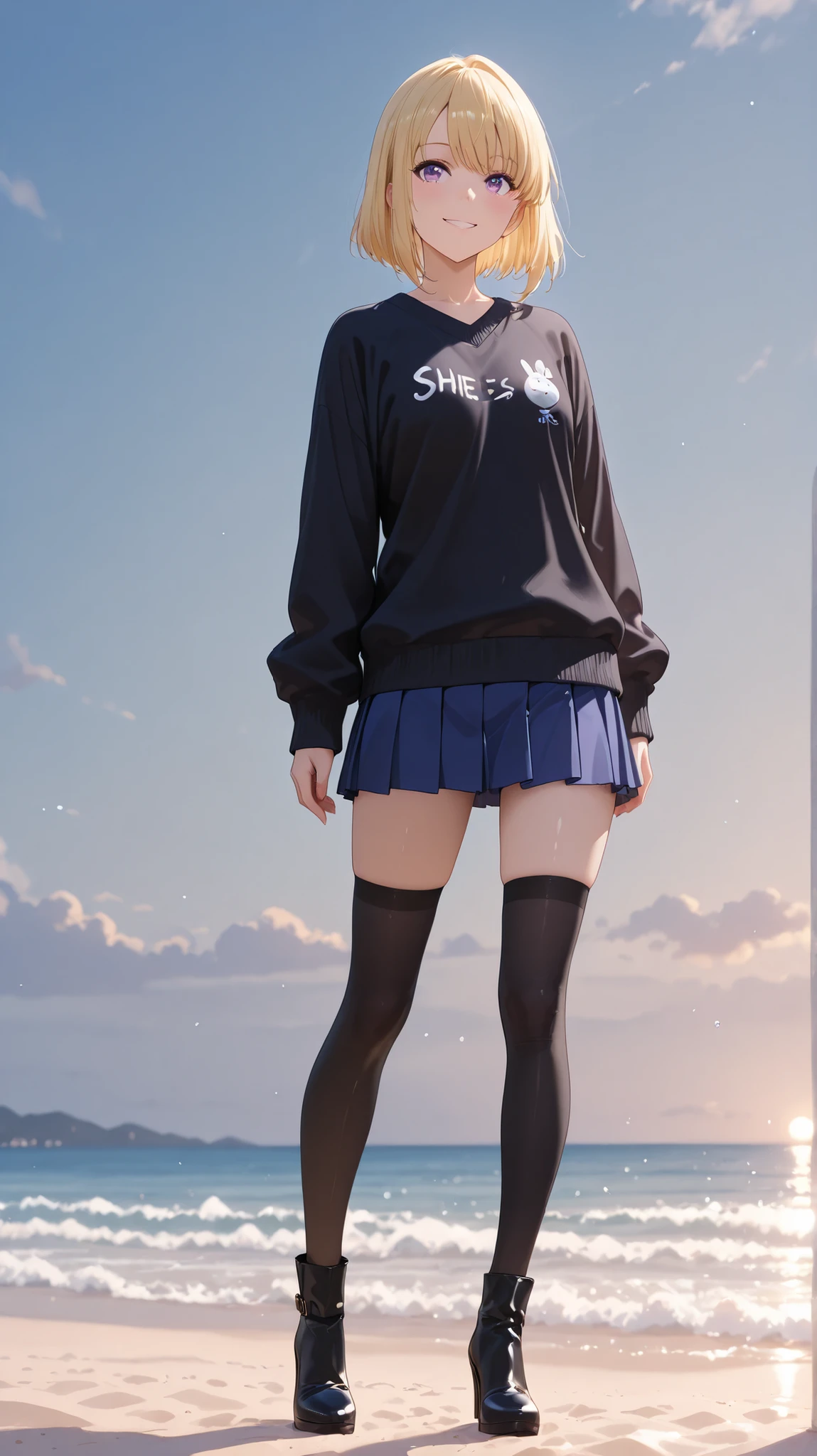 unrealistic high resolution,Solo Level Up Anime Young Woman, She's Fair Skin and Blonde Bob Hair、Has Striking Purple Eyes, her chest is medium , she's wearing a black sweater ,She is wearing a marine blue pleated skirt,black knee-highs,smile, She's standing , she's standing facing the front ,black high heels,with a beautiful sandy beach in the background,