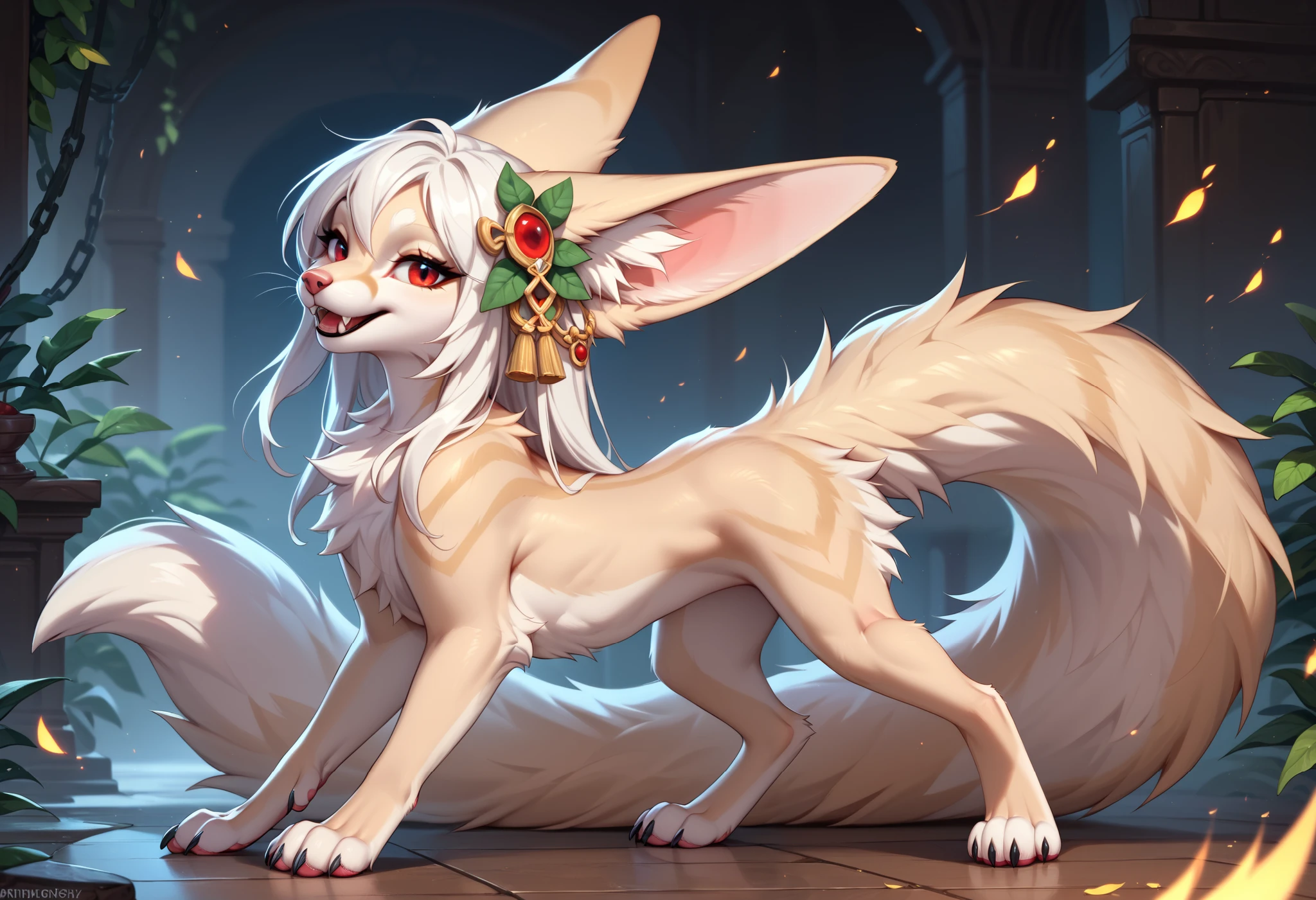 by Zackary911, by Kenket, by Kilinah, by fluff-kevlar, feral, mommy female white fennec fox, solo, long white hair, red eyes, fangs, full body, one big tail, dark priest with black and red cloack, seductive pose, ((three quater view, back view)), full body concept, realism