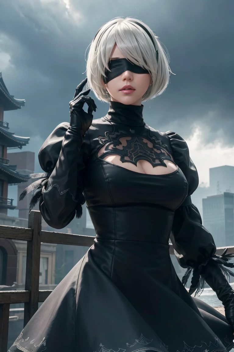 2B Nier Automata,Bobcut, Gray Hair,Long sleeve, Juliet Sleeve, White gloves, turtleneck, bangs, Feather ornament, Feather ornament sleeves, Blindfold, Black Goth Dress,Beautiful back view,Japanese Ultra HD,super high quality,masterpiece,Digital SLR,Photorealistic,Detailed details,Vivid details,Depicted in detail,A detailed face,Detailed details,Super Detail,Realistic skin texture,Anatomical basis,Perfect Anatomy,Anatomically correct hand,Anatomically correct fingers,Complex 3D rendering,Sexy pose,Rainy Sky,Beautiful scenery,Fantastic rainy sky,Fantasy worldview,Picturesque,Pink Lips,Black butterfly々Fluttering,A ruined world,A devastated battlefield,ruins,