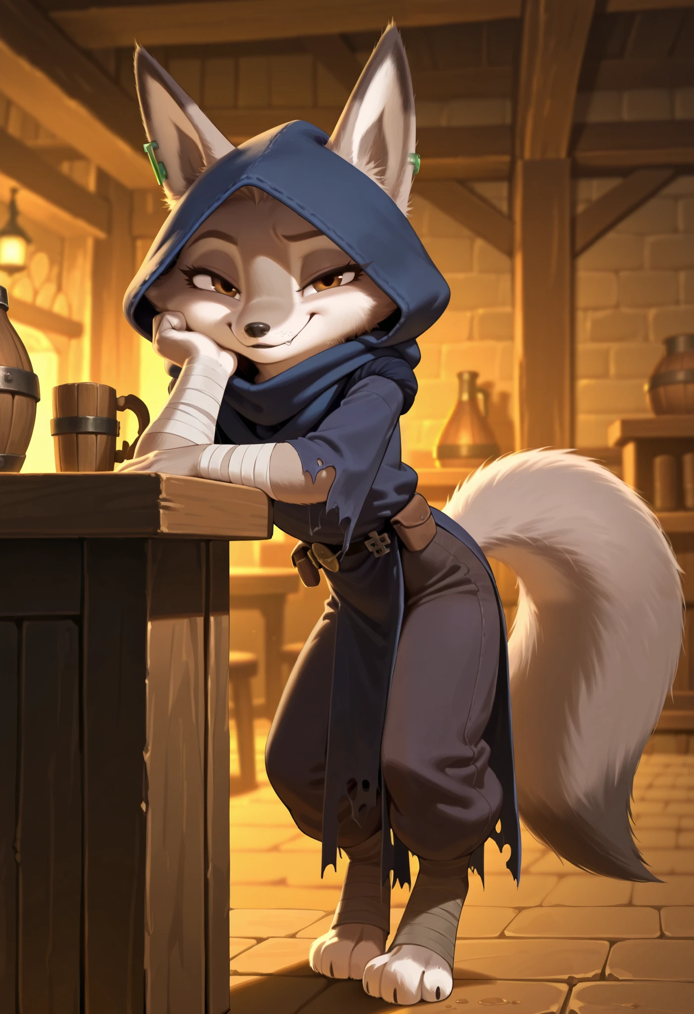 score_9, score_8_up, score_7_up, source_furry, best quality, amazing quality, detailed background, masterpiece, 1girl, looking at viewer, solo, ( sexy pose, seductive smile, seductive look, horny :1.1), ((hooded blue tunic, baggy trousers, gray bandages, torn clothes, black belt)), zhen, fox girl, fox ears,brown eyes, gray and white fur, fox tail, jade earring, huge filesize, full body, feets with three toes, tavern, leaning on table,