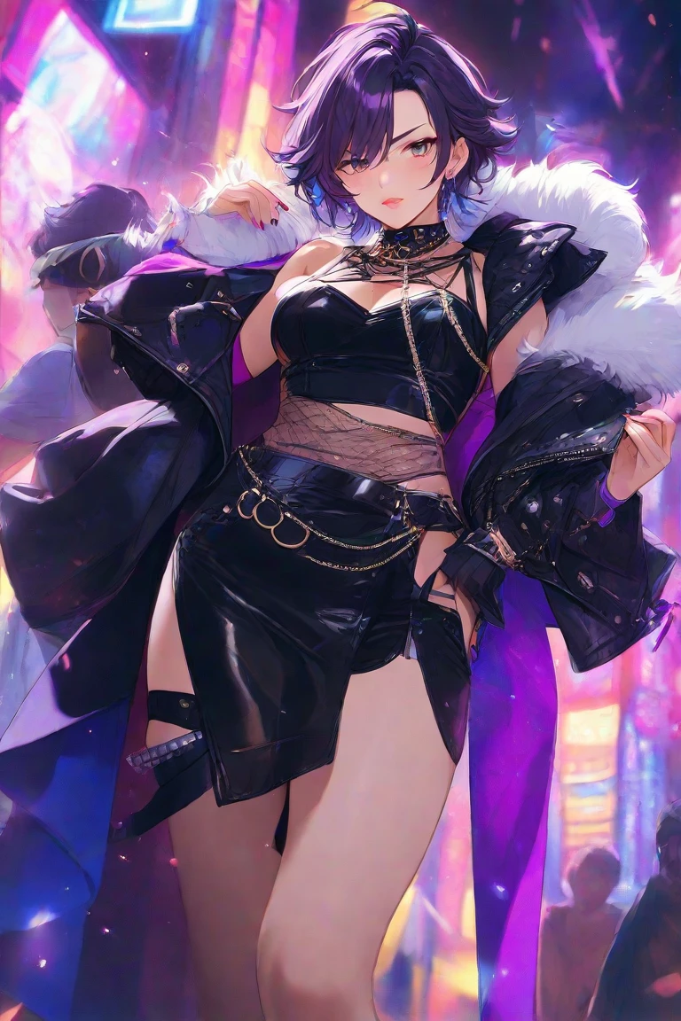 best quality,4k,8k,highres,masterpiece:1.2),ultra-detailed, extremely detailed eyes, extremely detailed body, (large masterpiece digital art), (detailed manga illustration), (detailed line art), ((perfect anatomy)), (intricate details:1.3), (ultra-detailed:1.3), (illustration:1.3), (sharp focus:1.3), (natural lighting:1.05), (vivid colors:1.3), (masterpiece), expressive eyes, perfect face, 1 girl, breasts, cleavage, gloves, large breasts, casual clothes, white shirt, tee shirt, denim jacket, jacket, {blue hair}, medium hair, wavy hair, (gray eyes), black denim shorts, shorts, dynamic pose, Huge ass, curvy, fur trim, hair bun, black ankle boots, cinematic lighting, heroic atmosphere, Beautiful woman, Atey Ghailan, Jeremy Mann, Greg Manchess, Antonio Moro, trend in ArtStation, trend in CGSociety, Intricate, High Detail, Sharp focus, dramatic and photorealistic painting art by Midjourney and Greg Rutkowski, Marvel Cinematic Universe style, (((mystical gothic castle in the background))),