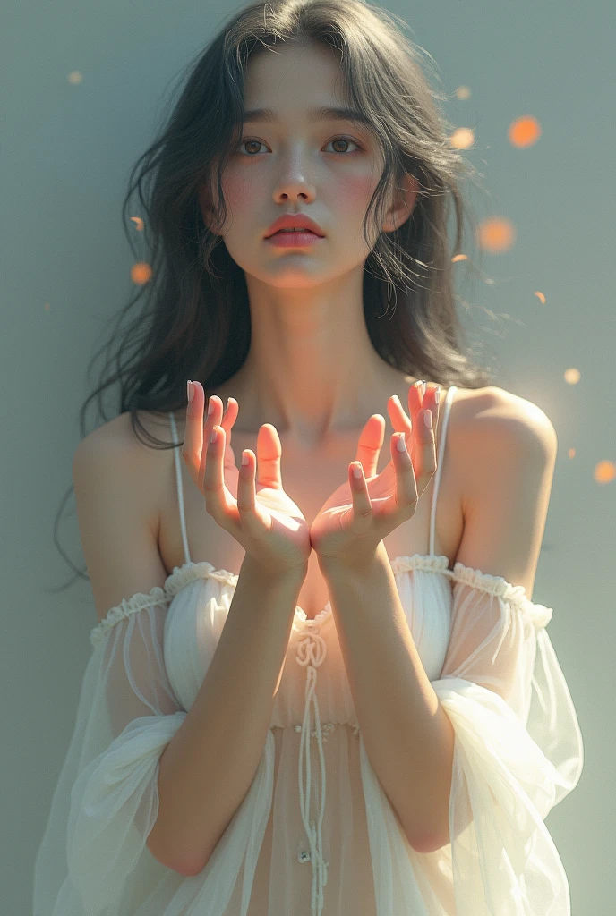 **Semi-realistic digital painting of a young woman with a serious and tense expression, clearly trying to calm down after hard thoughts. Her black hair is messy and her eyes are closed as she tries to collect her mind. Her hands clasp together as she takes a deep breath and begins to center herself. A white background contrasts with the black, infused with small sparks of bright colors that resemble sparks of hope or emotion that begin to grow and swirl around her beginning to take some type of shape to show the battle to balance her mind**
