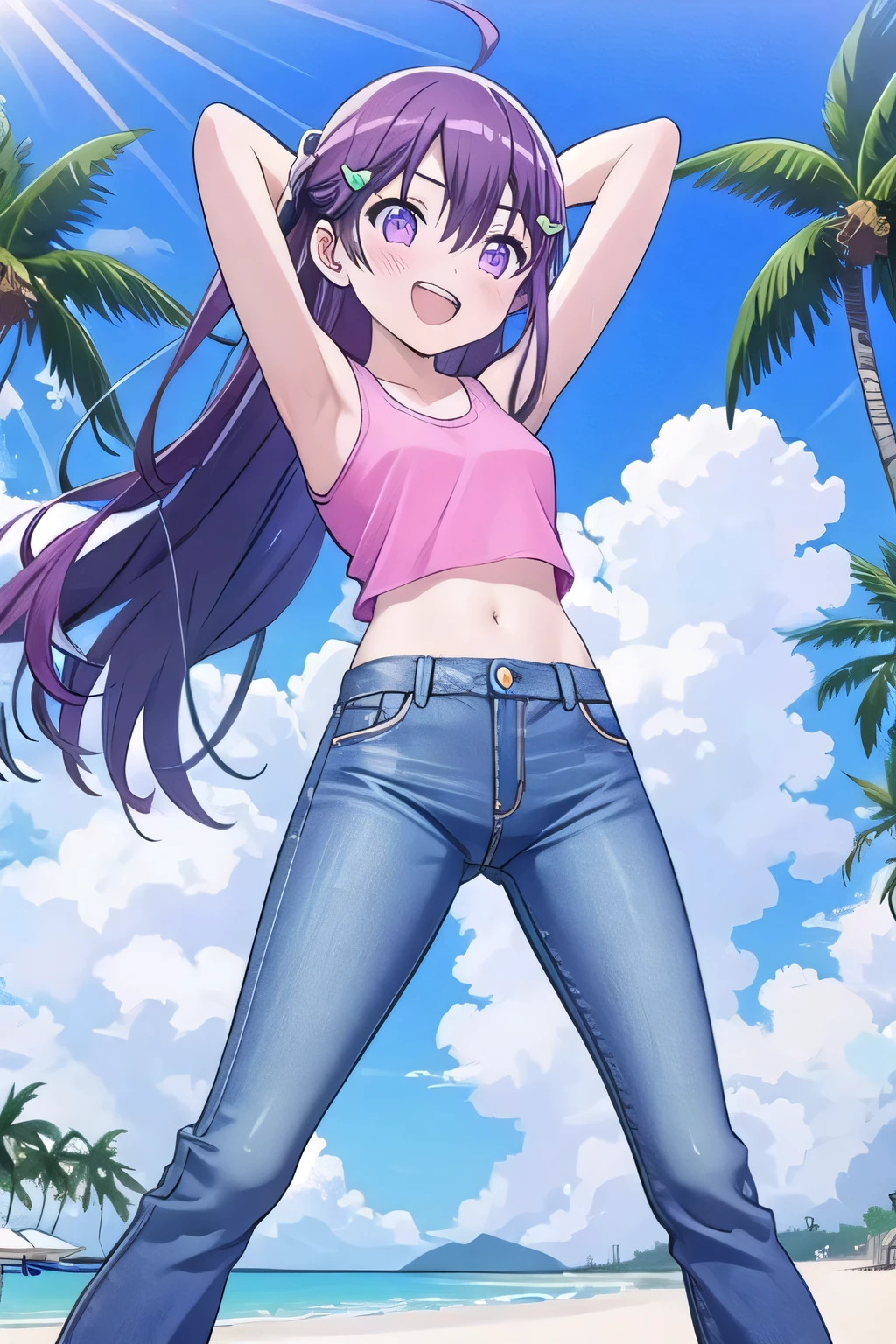 masterpiece, best quality, ultra detail, ((Perfect Face, perfect eyes, perfect hair, perfect arm)), 1girl, , petite, ((round face, ecstasy, orgasm face, drooping eyes, shame smiling, blush)), dropping eyes, sleepy, Open mouth, ((White teeth)), background((under the beach, (day:1.2), palm tree, bright sky)), miku hatsune, ahoge, (purple eyes:1.2), (dark purple hair:1.2), crossed bangs, hair between eyes, hair ornament, (long hair:1.4), (straight hair:1.7), ((arms behind head, hands behind head, fingers behind head)), ((contrapposto)), spread armpits, looking at viewer, (pink tank top:1.2), (pink crop top:1.2), (jeans pants:1.2, flares jeans:1.2, skinny jeans:1.2, blue jeans:1.2), standing, (legs spread:1.4), sex pose, Sweaty crotch, Steam from the crotch, from below, whole body