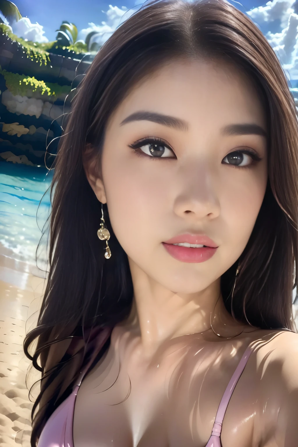 best quality, 8k, masterpiece :1.3,one girl,Elegant Pink Cheek :1.2,赤い口紅:1.2, beautiful woman, Big Breasts:1.3,double eyelids,blue sea,Quiet Hawaiian Ocean, white sands,summer,staring at the camera,pink micro bikini, max resolution: 1.4, Cinematic Lights , Detailed Eyes and Skin , (detailed facial features), perfect style,very detailed face and skin texture,pure white skin:1.5,glossy lips:1.2,A very affectionate look:1.3,Smooth Straight Hairstyle, dark hair,175cm,from above