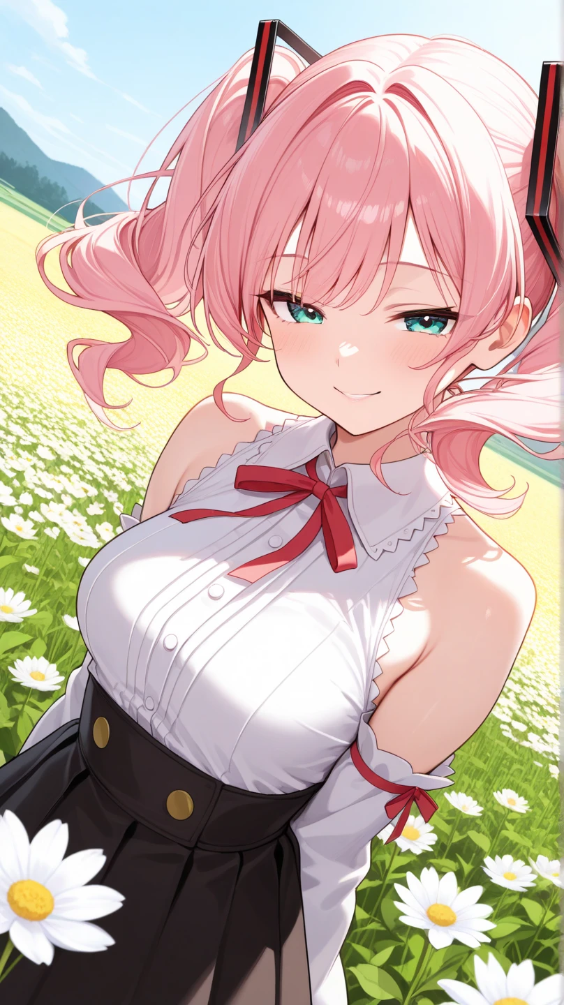 Girl with pink hair, long double-tailed hairstyle ((small pink bushy eyebrows)), lolicon, dressed in lolita dress, sunset lighting showing her body, very marked thigh gap, Thigh Gap, marked vagina, lifting her skirt to show her vagina wet with semen, thighs splashed with semen