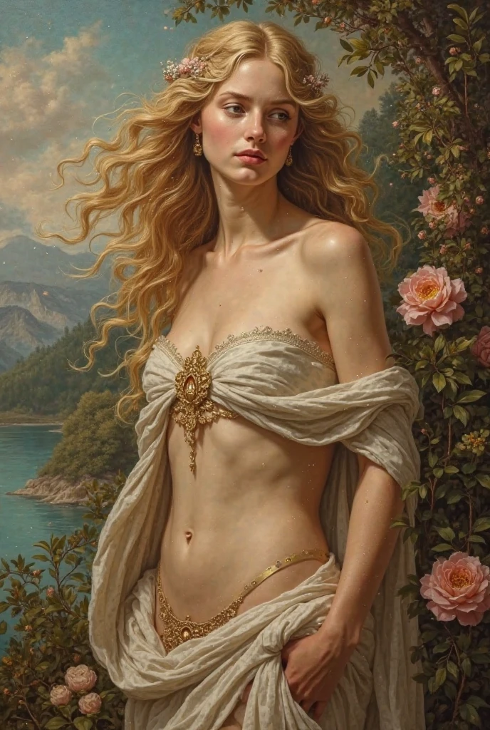 on the beach, 5 small full body, naked, naked woman lie on ground, small man riding white horse white looking back, white feather cloak, shield, bow, sword, female greek god, white hair, masculine, mature, naked, hairy torso, fantasy, intricate, elegant, highly detailed, digital painting, artstation, concept art, smooth, sharp focus, illustration, art by gaston bussiere and alphonse mucha, almost naked