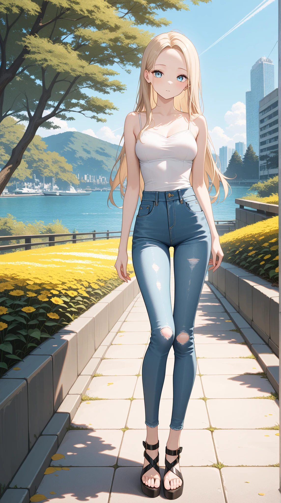 Alicesburg, Alice Zuberg, bangs, blue eyes, Blonde, Hair between the eyes, Very long braid, hair band, white hair band,Black-rimmed glasses,Yellow Tank Top,Locket Necklace,skinny pants,Stiletto heels,Walking,morning,morning陽,The sun is rising,whole bodyがイラストに入るように,smile,blush,
break outside, Residential Street,
break looking at viewer, whole body,
break (masterpiece:1.2), Highest quality, High resolution, unity 8k wallpaper, (figure:0.8), (Beautiful attention to detail:1.6), Highly detailed face, Perfect lighting, Highly detailed CG, (Perfect hands, Perfect Anatomy),