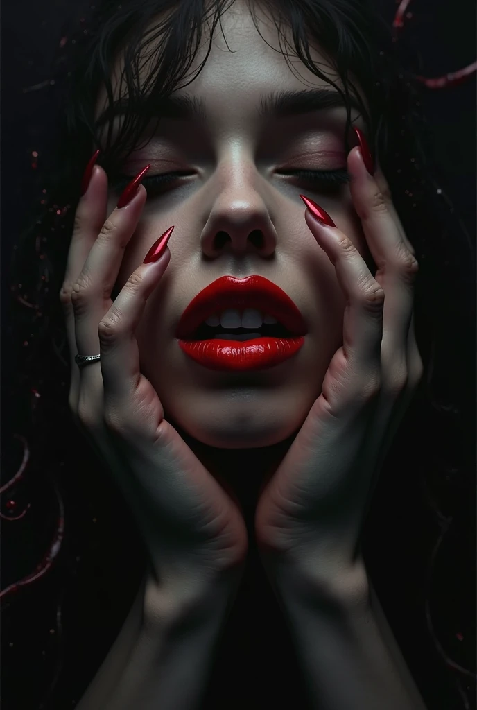 Devil-themed、bright red lips with a sensual smile、perfect female hands with extremely sharp nails, I can only see two floating hands and bright red lips., magical atmosphere with black background, black background and nothing else, black background and all artistically drawn appearance. 