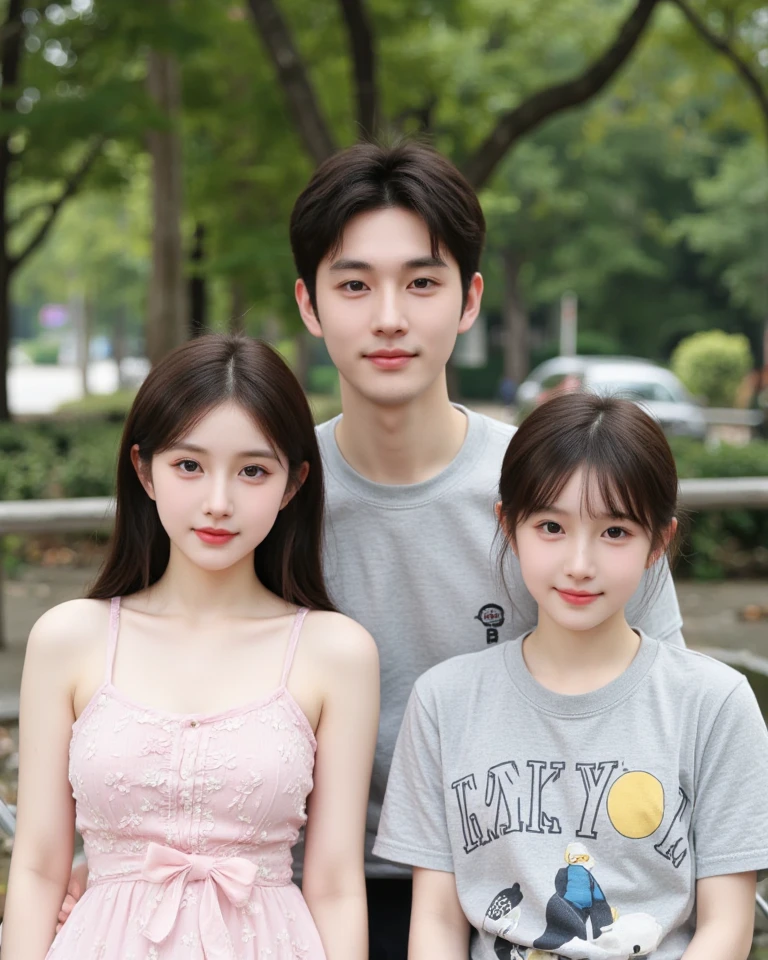 (best quality,masterpiece:1.2),(realistic,photo-realistic:1.37),photo contains 1 handsome man and 1 beautiful woman and a kids, garden park background,(upper body: 1.2),(smile:1.15),(closed mouth),beautiful detailed eyes, Walk through the atmosphere of the park with small lake, wear casual clothes.