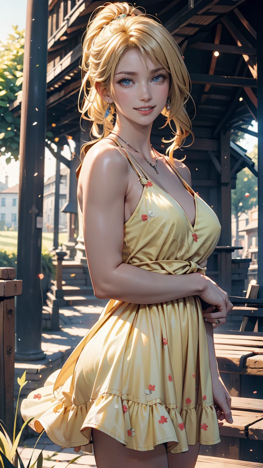 (Selfie Shot, From  above:1.4), big breasts, bountiful breasts, neckleace profundo, (Half Body Posttrait:1.4), (((red rose tattoos on arm and shoulder:1))), beautiful red rose tattoos, RAW UHD portrait photo of a 24-year-old blonde (Blue eyed woman) walking down a dark alley, natural breasts_b, night city background, (red sun dress), (neckleace), detailded (texturas!, body hair!, Glow Up, Farbe!!, Imperfections:1.1), highly detailded glossy eyes, (Looking at the camera), specular lighting, dslr, ultra quality, sharp focus, thank you sharp, dof, Film grain, (centred), Fujifilm XT3, clear as crystal, center of frame, cute face, sharp focus, street lamp, neon lights, bokeh, (dimly-lit), subtle, at night, (Night sky) detailded skin pores, greasy skin, suntanned, intricate eye detail,  ((deep cleavage 1.8, oily skin, oily body, huge perky breasts, curvy figure, standing, hands on waist, ))(erotic smile)) cameltoe 1.8, , yellow dress, 