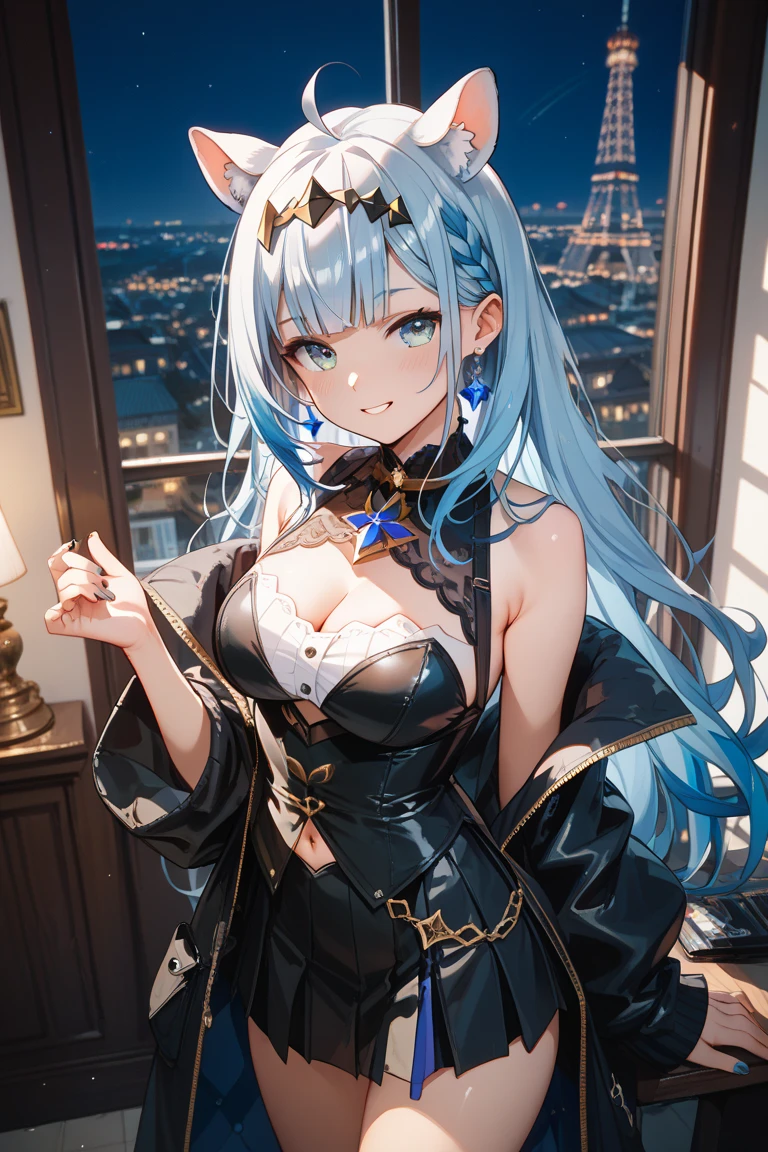Character Details:, - Gender: 1 Girl.
- Style: Anime, - Body Type: Attractive body, slim body, nice legs, slim tights, nice arms, nice shoulders. - Breast: ((Small Breast:1,5)), Show Cleavage.
- Facial Featureeautiful, Gorgeous, Teenager, Fresh, Young.
- Expression: Smile, Pink Blush on Face, Sexy Eyes, Sexy Look, Innocent Look, Tipsy. - Hairstyle: Blunt Bangs, Long Hair. - Hair Color: Light Blue Hair.
- Clothing: off-shoulder. - Body Pose: (Sitting). - Behaviour: Waiting, Want Something, Secretly.
- Accessories: Earrings., Environmental Details:, - Setting: Office Room., - Lighting: Natural Light., - Decoration: Modern Office Desk, Chair, Window, White Curtain, City View. Top view. pov, anime style, UHD, retina, masterpiece, accurate, anatomically correct, textured