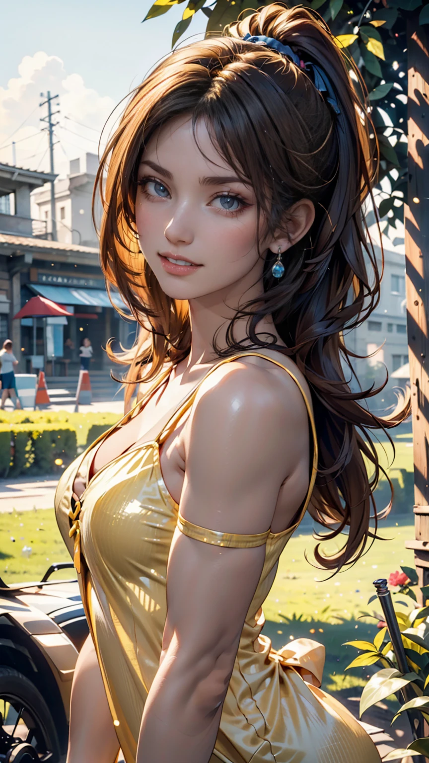 woman, at the park, sunny day, Orange sundress, born, Ultra-high resolution, 8k, (close:1.1), head, Highly detailed face, Amazing eyes、24歳のwoman、魅力的な若いwoman, (Beautiful Face:1.1), Detailed eyes, Seductive lips, (eye make up:1.2), (Medium chest:1.0), (Toned body:1.2), Sexy proportions、Narrow waist