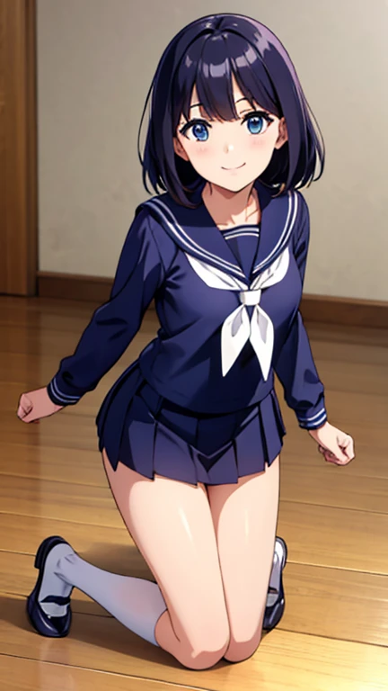 school stairs　primary school girl, 8 years　flat chest, black fur, blue with long purple tone, purple eyes　SMILE　White upper body, Navy short-sleeved sailor uniform.　Navy blue miniskirt and white panties. （（I can see her panties）） white socks　sport boots　school stairs　Standing Dynamic angle Low angle