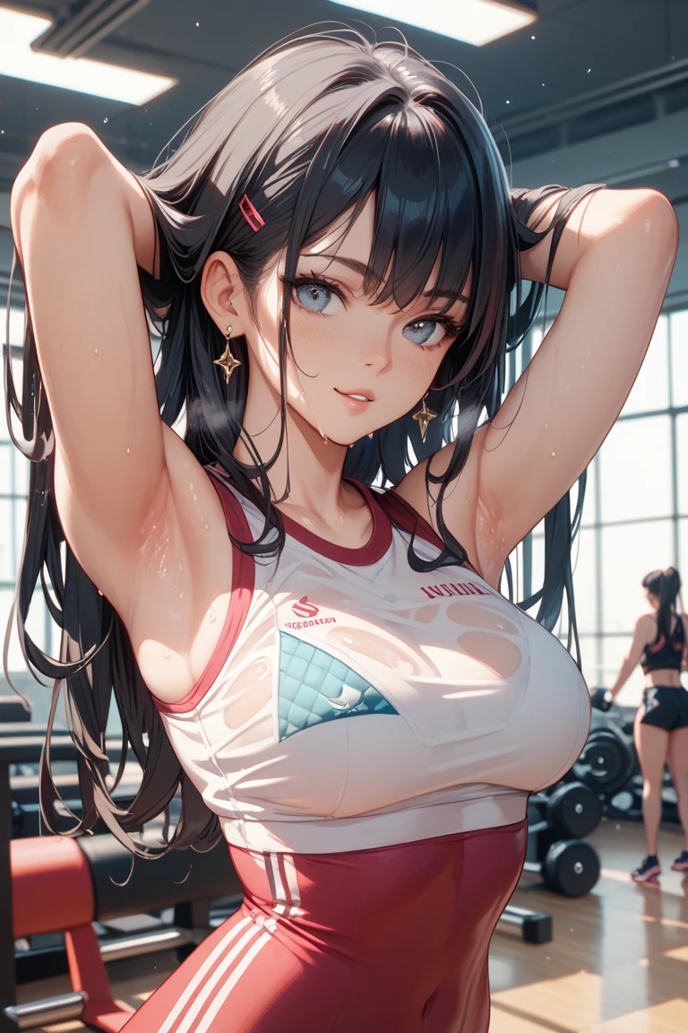 ((highest quality、muste piece、High resolution))、(((Zoom photo from above:1.95、15 years old、Cheerleader、Cheerleaderの衣装、cute smile:1.5、blush:1.5、white liquid:1.5、、Bukkake:2.5、Bukkake、wet body:2.5、wet body、wet hair:2.5、wet hair、big breasts、cleavage、black hair、medium hair、inside the gymnasium)))