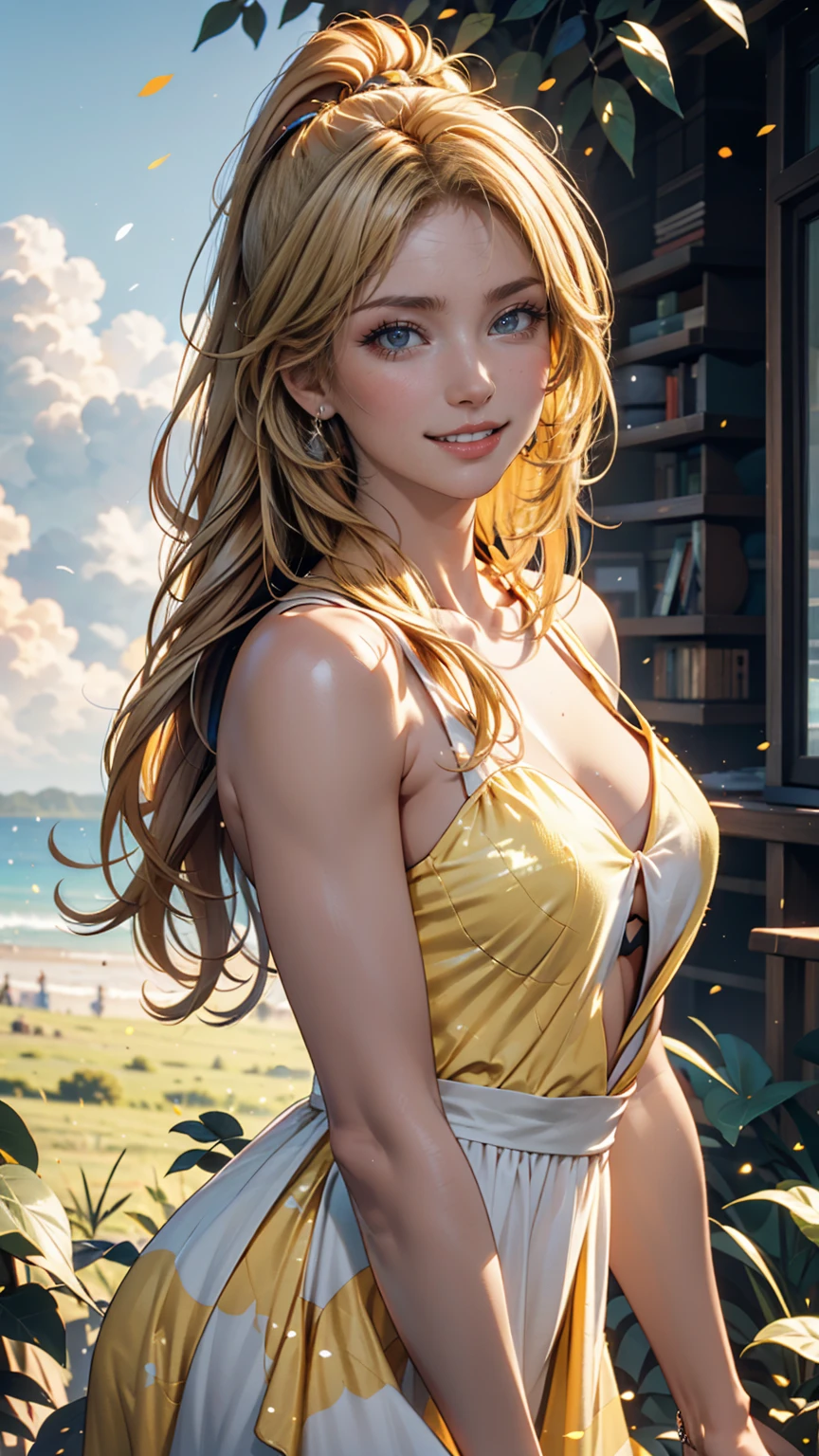 a woman in a yellow dress, smiley face smile on face, huge breasts, hot body curves, trending on bbwchan, popular on instagram, buxom, indian super model, mia khalifa, female gigachad, photo of slim girl, 2 4 year old female model, 1 8, beautiful woman body, beautiful sexy woman photo, real trending on instagram image, instagram highlights, provocative indian