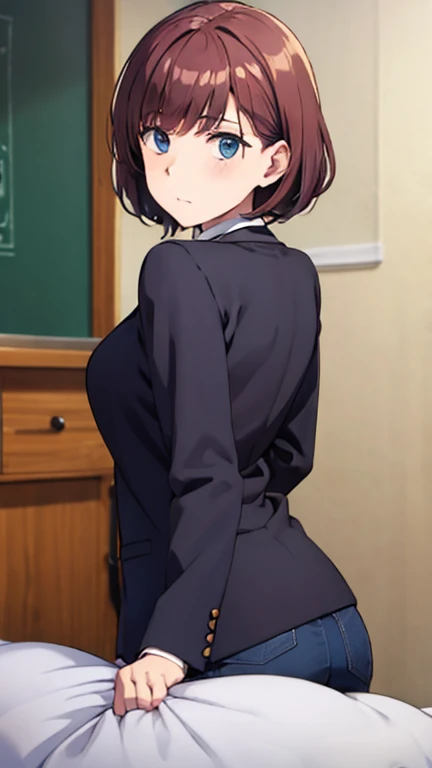 master piece, 1girl, solo, perfect body , bun, hair, purple EYES, BROWN HAIR, shy, emarrassed, blush:1.5, wide hips, , large breasts, brown hair, shirt, , large breast, , jacket, pants, OUTdoors, dress shirt, , formal, suit,, office lady, pant suit, 1girl, from above, looking back, hand on own ass, pencil skirt, shirt, grabbing own ass,, masterpiece, best quality, highly detailed
