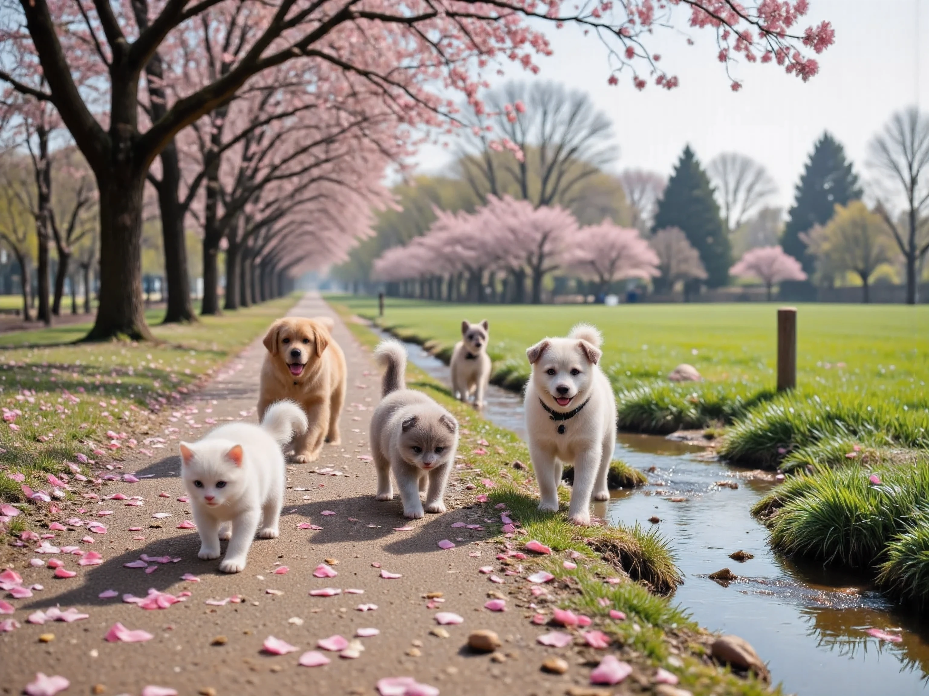 ((score 9, score 8_up, score 7_closeup: 1,6)),Scene: A beautiful country road with a row of cherry blossom trees in full bloom and a stream running through it on a sunny spring afternoon. Two kittens and three puppies are walking happily in a line, as if they are going on a spring outing. The path is decorated with soft soil and cherry blossom petals, and a clear stream flows right next to the road. The spring light reflects off the water surface, and a gentle breeze blows through.
Kittens: The first one is a pure white short-haired kitten. Its blue eyes sparkle, and its fur glitters softly in the spring light. It's adorable as it walks, gazing intently at the flowing stream.
The second is a pale grey tabby kitten. Its hopping movements, as if chasing falling cherry blossom petals, express the excitement of a spring field trip.
Puppies: The first is a golden retriever puppy. Petals cling to its fluffy golden fur, it walks with a happy smile. Occasionally it peers down at the stream.
The second is a dalmatian puppy. Scattered petals fall on its white body with black spots. It walks with energy.
The third is a reddish brown Shiba Inu puppy. Petals also cling to its curled tail, and it walks at the front of the group with a proud look on its face, pulling the others along.
Arrangement and movement: They walk lightly in a line in the order of "kitten → puppy → kitten → puppy → puppy." They move forward, leaving small footprints on the path where dirt and petals are mixed. Along the way, they make a detour to a stream, and some ren stop to stare at the flowing water. The scene is filled with the freedom of movement and joy that only a spring field trip can offer.
The cherry trees are in full bloom, with soft pink petals dancing endlessly.
The stream is clear, small fish swim in it, and the spring light sparkles on the water's surface. In the distance, a rapeseed field can be faintly seen, and the whole scene is filled with a spring landscape. Atmosphere: A peaceful 