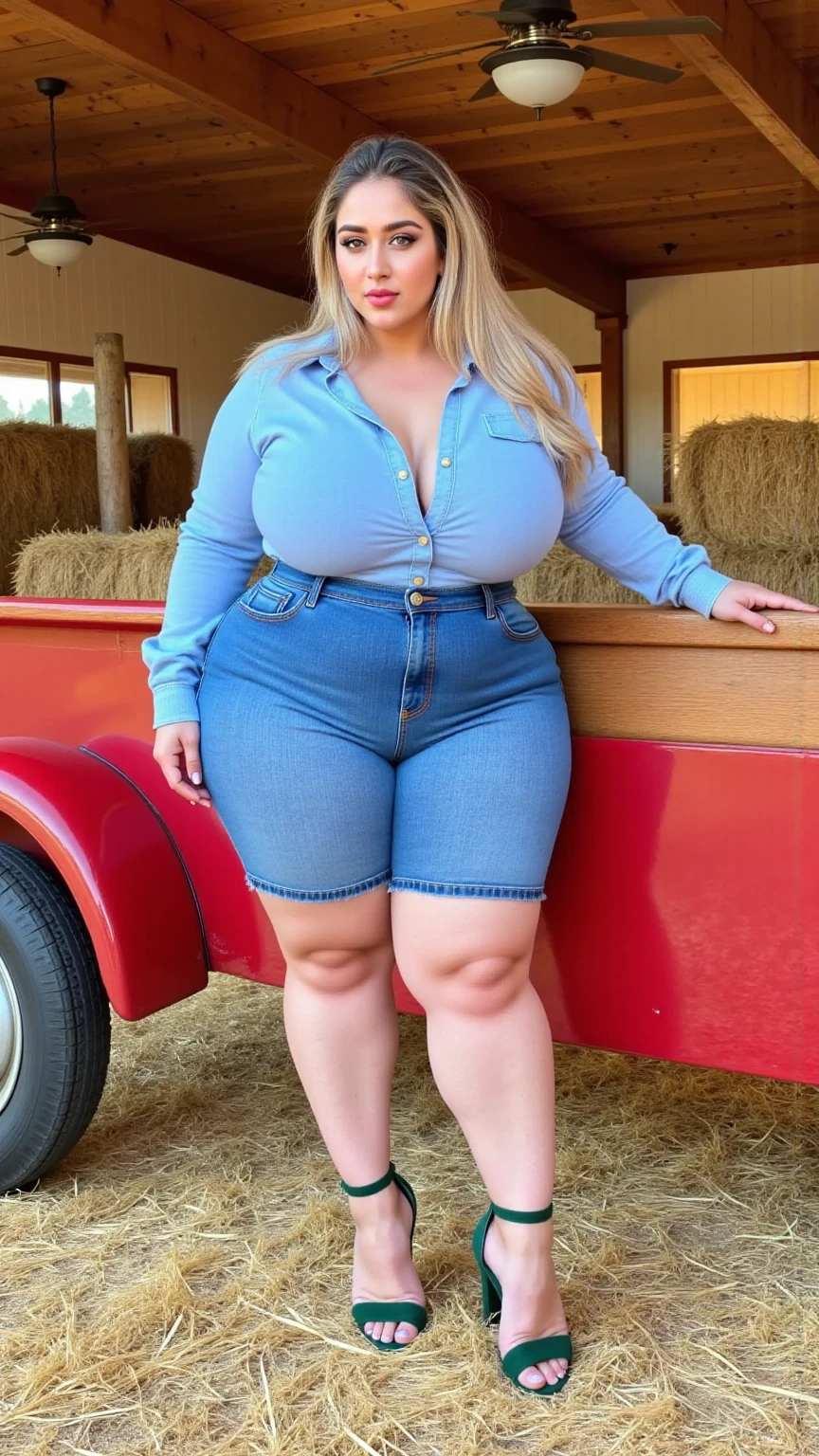  a morbidly obese Bbw, silver hair, nude body under Jean overalls, large belly, love handles, large breasts,  standing in a corn field 