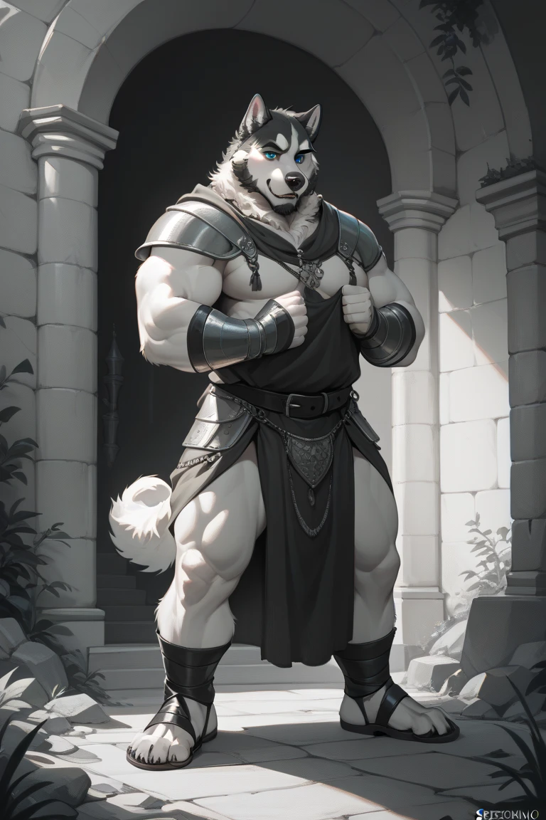 a huge muscular furry polar bear old man at the the Island of Crete, column ruins, huge shoulder muscle , shirtless, muscle, strong man, huge muscle, huge white fur, short hair, bearded, white hair and beard, huge white fur, wrinkles skinned, black short trunks, strong muscle, strong and intimidated, masterpiece, muscular, commission for high res, male, fantasy art, very very beautiful art, art painting , painting art