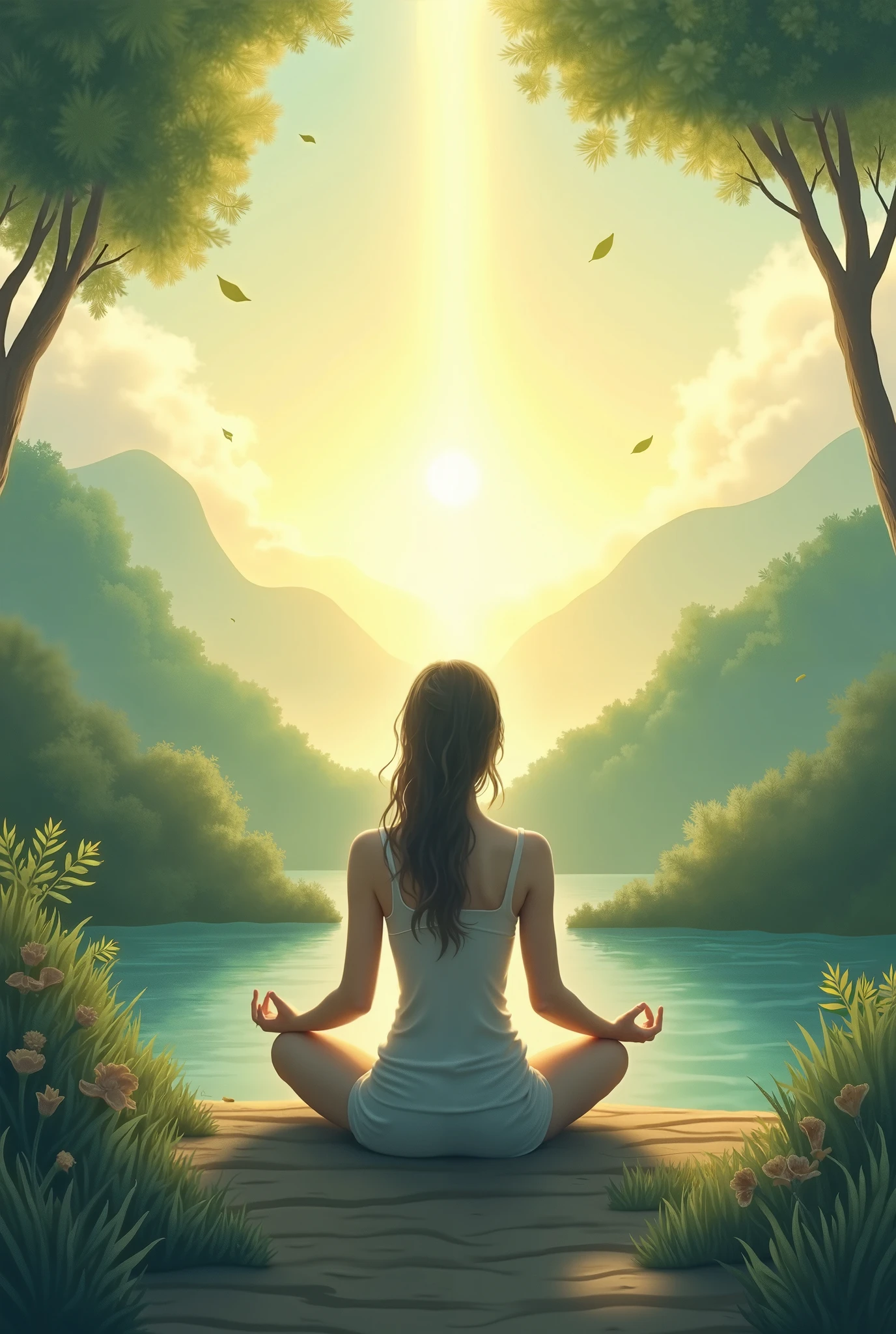 watercolor art urban modern woman meditating on background plants sunlight 