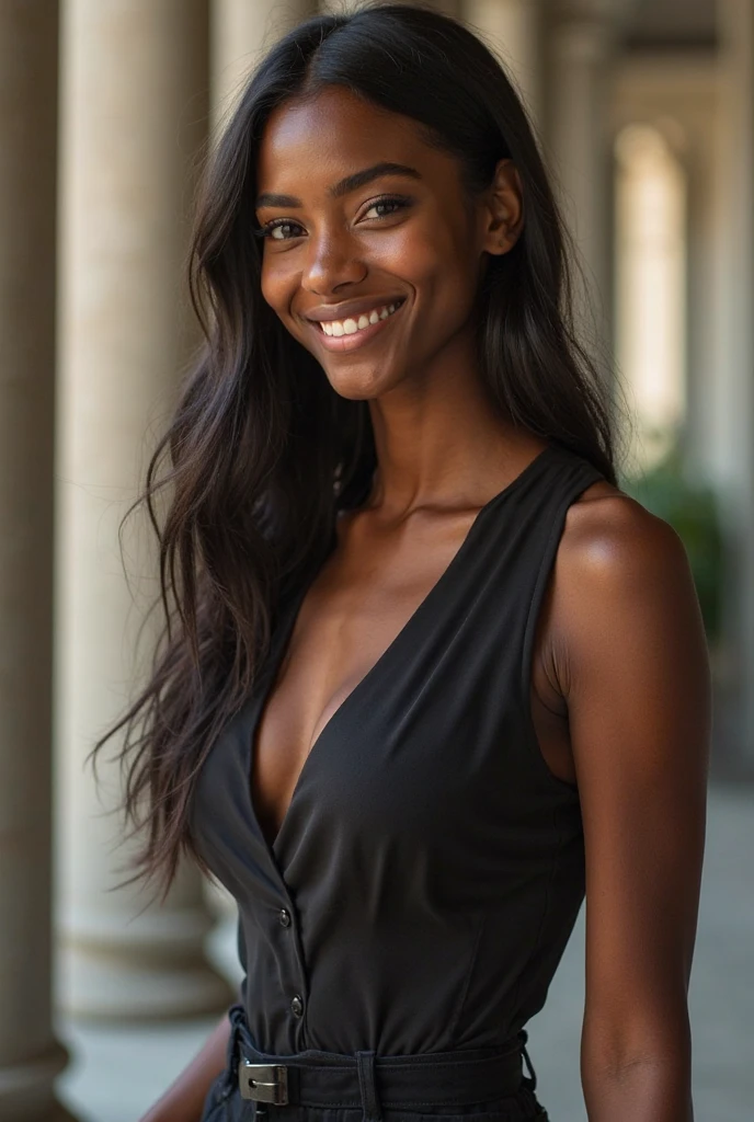 Dark-skinned woman, long  hair, sensual smiling woman in white dress