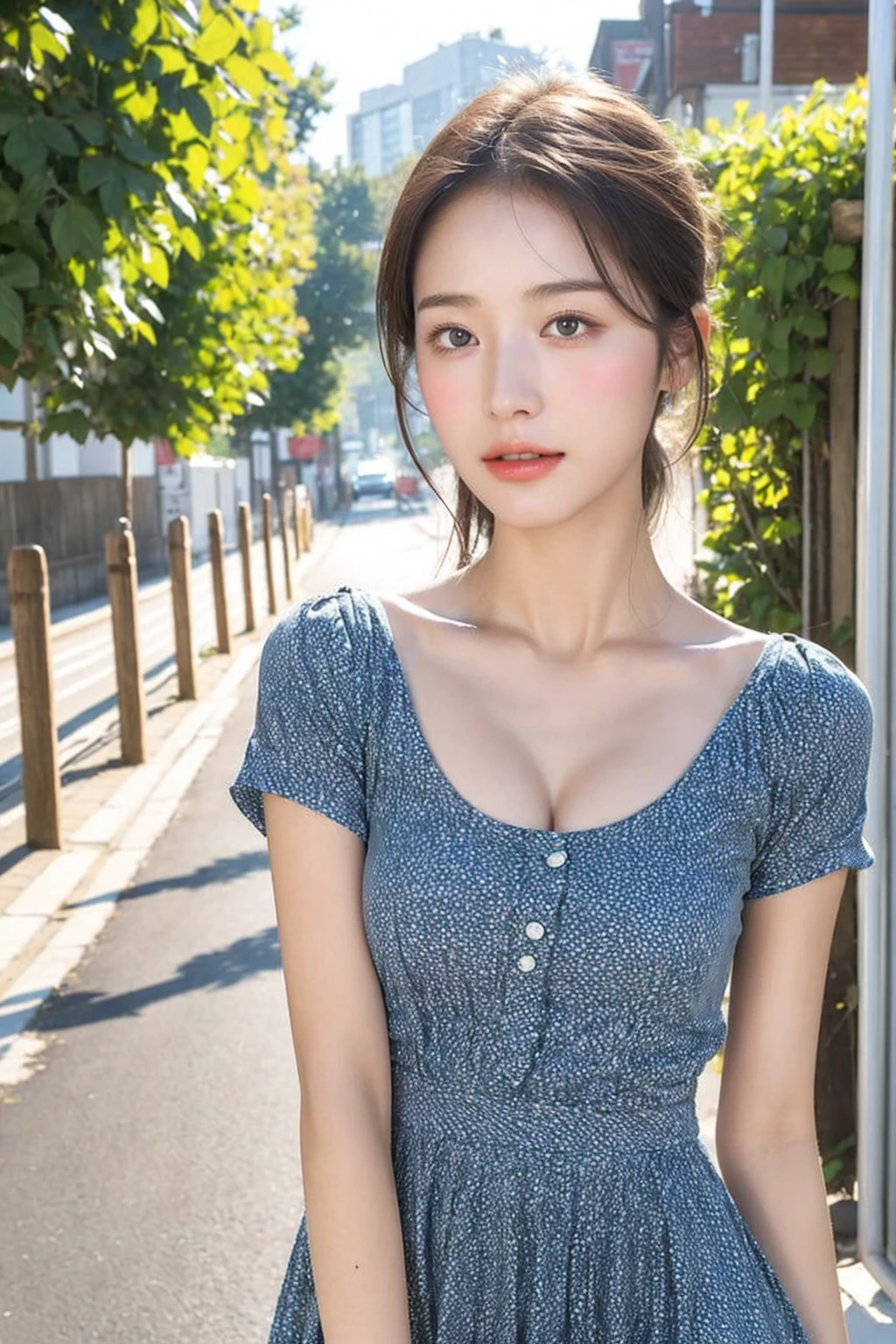 ((Best quality, 8K, masterpiece:1.3)),1girl,18 years old,Asian,Real texture:1.3,(Background blur:1.3),Gorgeous long dress,Tall and slender figure:1.2,(Hot summer weather),(street:1.3),Highly detailed face and skin textures,Exquisite eyes,Long eyelashes,Double eyelids,Skin Whitening,happy,Big breasts