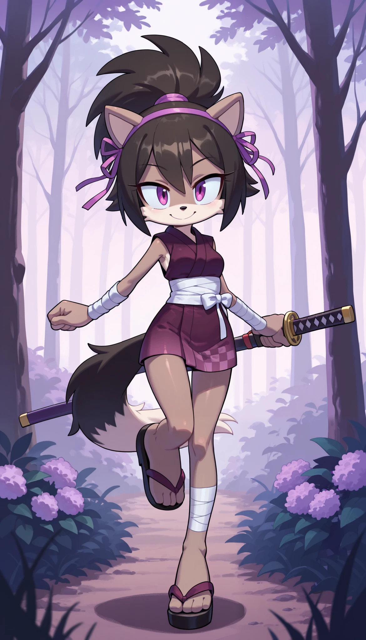score_9, score_8_up, score_7_up, 1girl, solo, masterpiece, best quality, amazing quality, very aesthetic, absurdres, source furry, mobian wolf, lilac eyes, wolf ears, wolf tail, wolf features, two tone body fur, grey body fur, white body fur, black hair, messy bangs, long messy ponytail, looking at viewer, smile, oily skin, (short body, tiny body), big head, closeup, ((lilac hairband with ribbon, dark lilac short kimono, sleeveless, white bandages, sandals)), cheek tuft, smile, full body, feets with three toes, forest on background, small breasts, female furry, holding a katana, action pose, katana fight, 