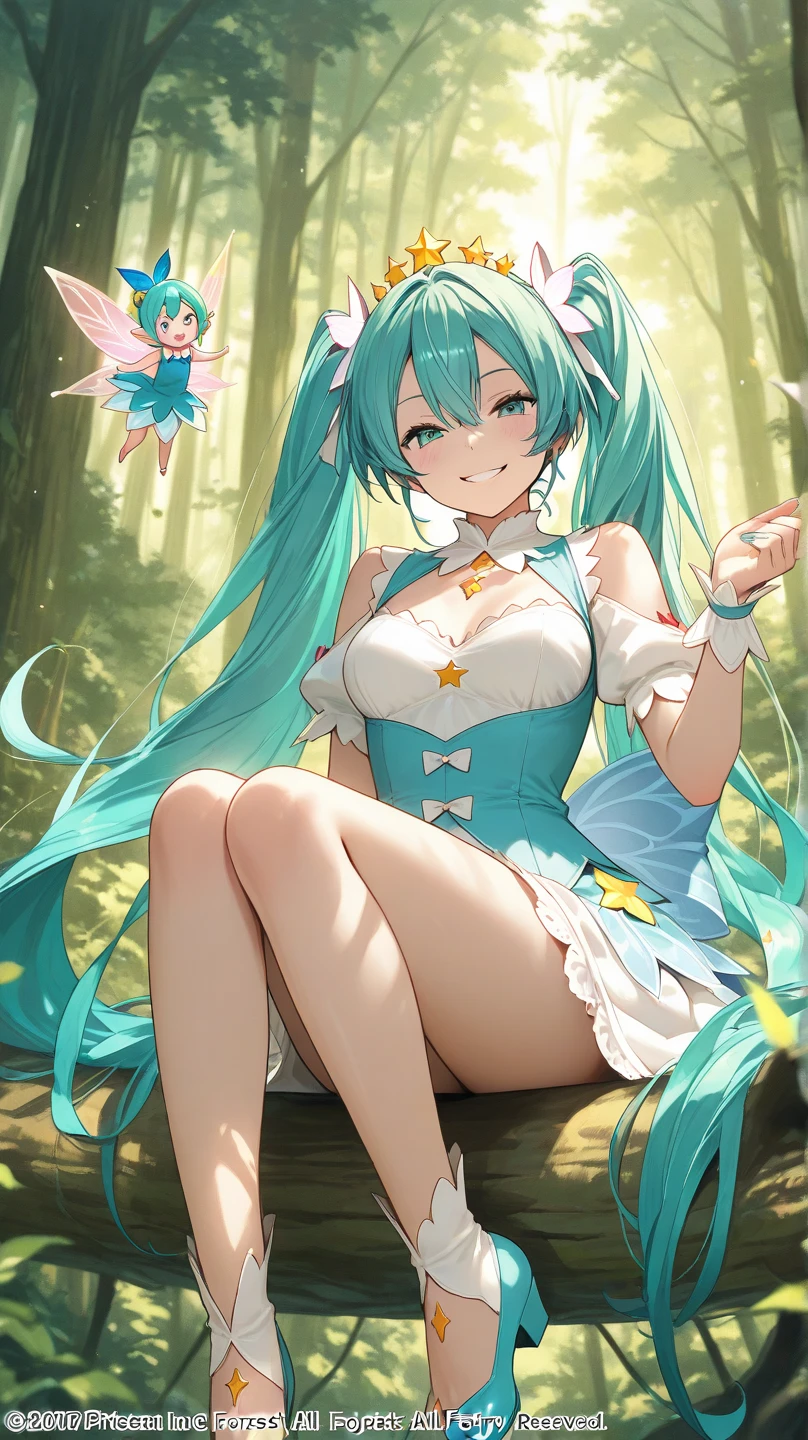 Full body description､Fantastic depiction、Hatsune Miku singing in a shining blue and green forest､The background is dotted with glowing mushrooms and glowing plants.、Soap bubbles are flying around Hatsune Miku､The costumes are designed with forest elements、The ground is accented with leaves and flowers.､The sunlight from the sky shines on her like a spotlight。Wearing a light blue dress､Anatomically correct body､((Large Breasts))､long slender legs､White skin､Hatsune Miku is reaching out to a little fairy flying in front of her､