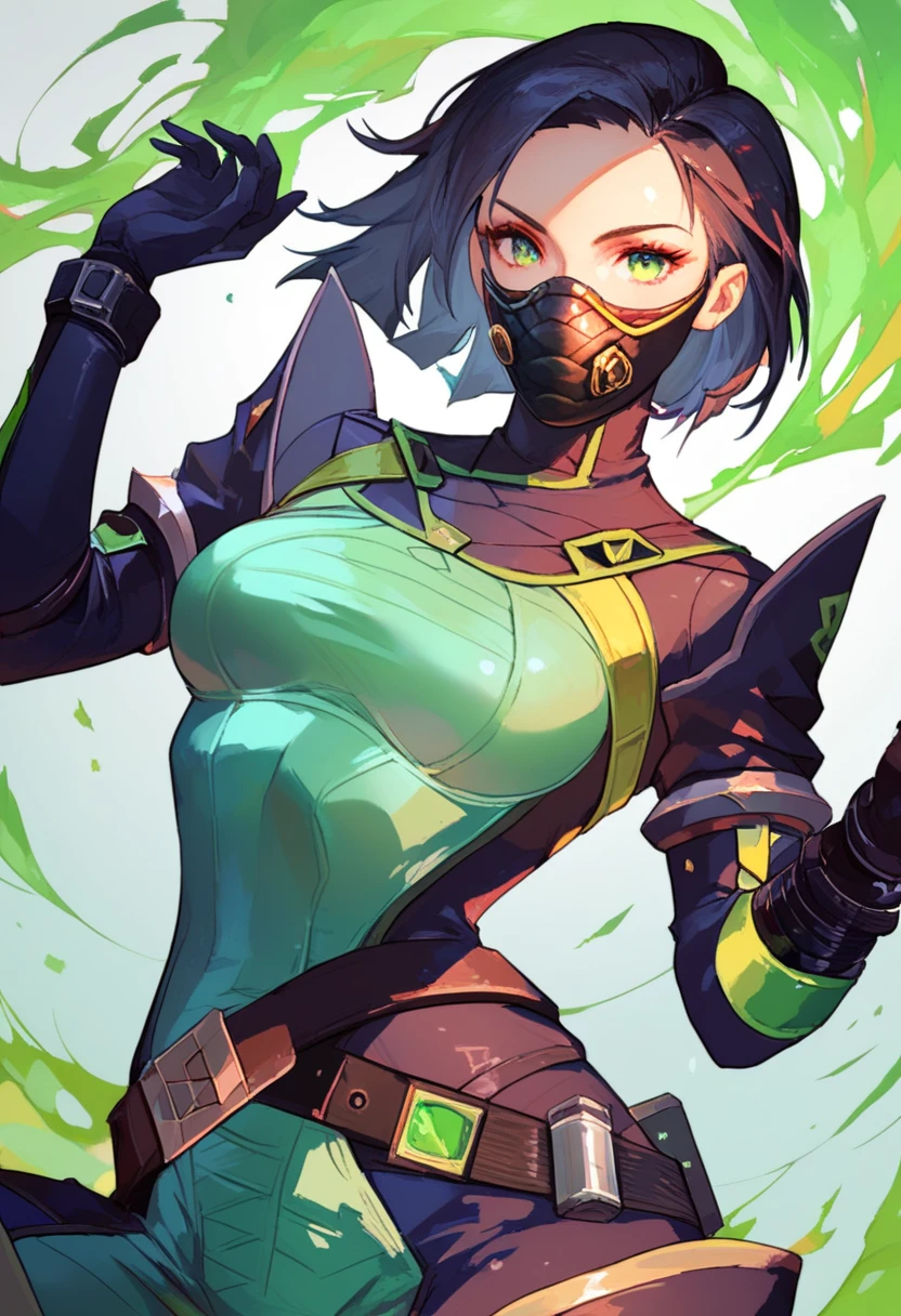 masterpiece, best quality, valorantViper, bodysuit, gloves, belt, thigh boots, respirator, looking at viewer, face, portrait, close-up, glowing eyes, green smoke, black background  