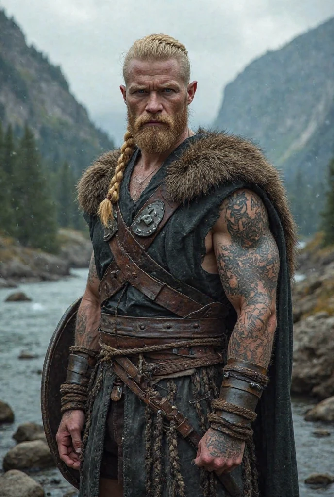 super realistic bodybuilder with eterochromia and viking face 
