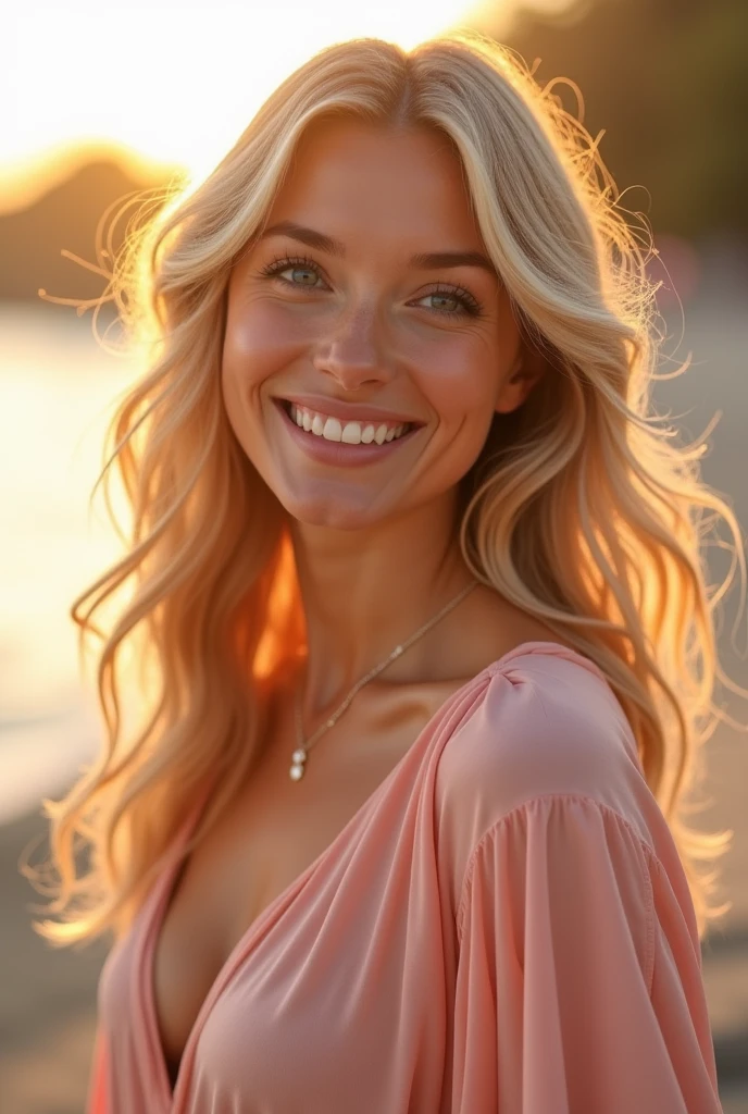 Woman at beach , Masterpiece photography cute, 26 Years old woman, long Blonde hair , Beach waves, hairs waving in the wind at ford . f4.0, detail, Beautiful lady, (freckles), big smile, blue eyes, long hair, light makeup, hyperdetailed photography, soft light, full body, full length, head to toe image, Extremely Realistic, 8k uhd, high quality, film grain, Fujifilm XT3,more saturation, 8k uhd, dslr, lighting, high quality, film grain, (establishing shot:1.5), perfect hand, medium depth of field, vignette, highly detailed, high budget, bokeh, cinemascope, moody, epic, gorgeous, film grain, grainy, in the style of andrea kowch, colorized, hans holbein the elder, movie still, pensive portraiture, soviet, photo r3al, Extremely Realistic <lora:epiNoiseoffset_v2:1.6>