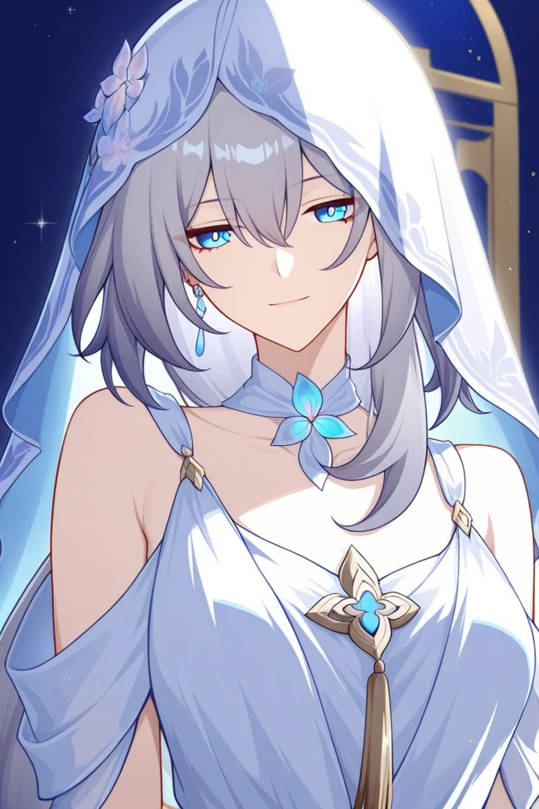 Anime older girl with long gray hair and gray eyes, wearing a flowy dress that follows her movements with bangles and bracelets on her wrist and a veil on her head, with bright decorations surrounding her