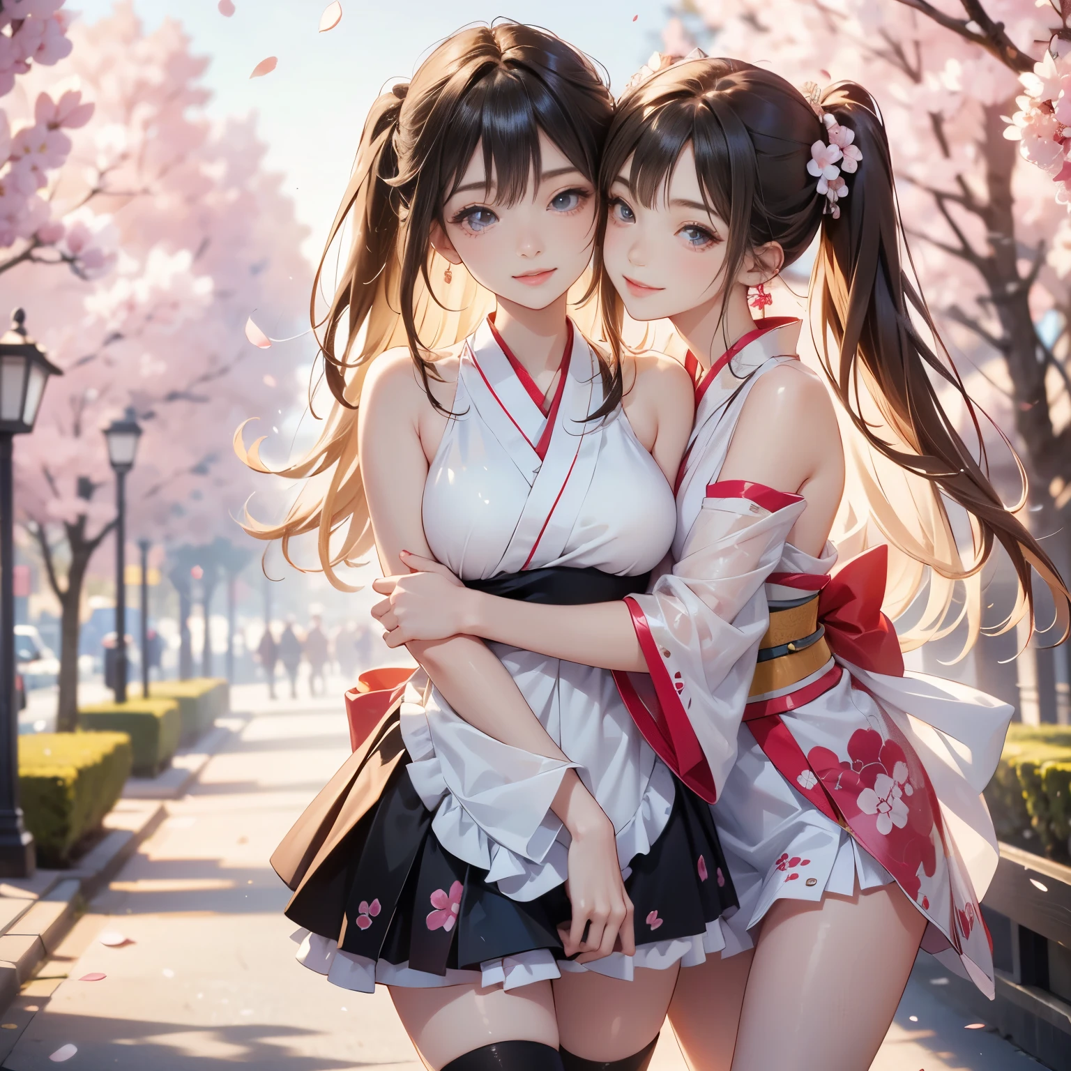 Masterpiece, top quality, high resolution, anatomically correct, ultra high definition. Cherry blossom trees. Under the cherry trees. (Lots of cherry petals are dancing). Twin tails. Side tails. Two beautiful girls. They are two beautiful Japanese women. They are the most beautiful women in the world. (One has blonde hair and the other has black hair). ((They are wearing kimono)). ((They are wearing black knee-high socks)). They have well-defined faces. They are wearing earrings. ((They are smiling and looking at me with smiles on their faces)). They are wearing natural makeup. (They have large breasts and beautiful legs). (((They are hugging))).frills, japanese clothes, hair flower,wide sleeves, kimono, white thighhighs, zettai ryouiki, floral print, skirt,detached sleeves,apron,sandals