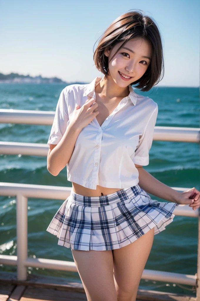 ultra highres,(reality: 1.4),highest quality, masterpiece, high detail, 16K quality, beautiful, 1 beautiful girl,japanese,super beautiful face,baby face,japanese idol face,cute face,super detailed face,detailed hand,beautiful skin,sweaty skin,big eyes,big smile,profeccional lighting,medium hair, black hair,brown beautiful eyes, white shirt,bowtie,brown checked skirt,standing,skirt lift,((wind lift:1.3)),(((show off panties))),((white panty)),medium breasts,she is looking at the camera,beach,blue sky, beautiful blue ocean,nsfw,from front,