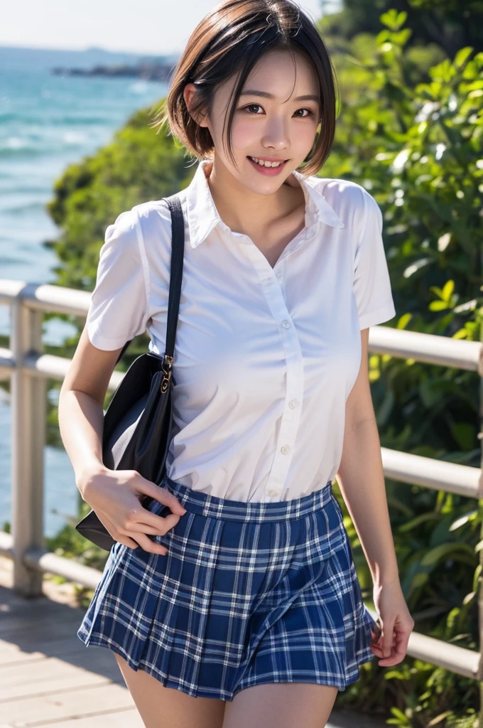 1 high school girl、Schoolgirl uniform、Sailor shirt、Pleated skirt、T-back white panties、A shy smile、Bob Hair、Medium breast、Standing on stone steps in the park、Masterpiece:1.3、Raw photo quality、Highest quality、Highest detail image、Detailed Background、(Panty shot:1.3、View from below:1.3)、