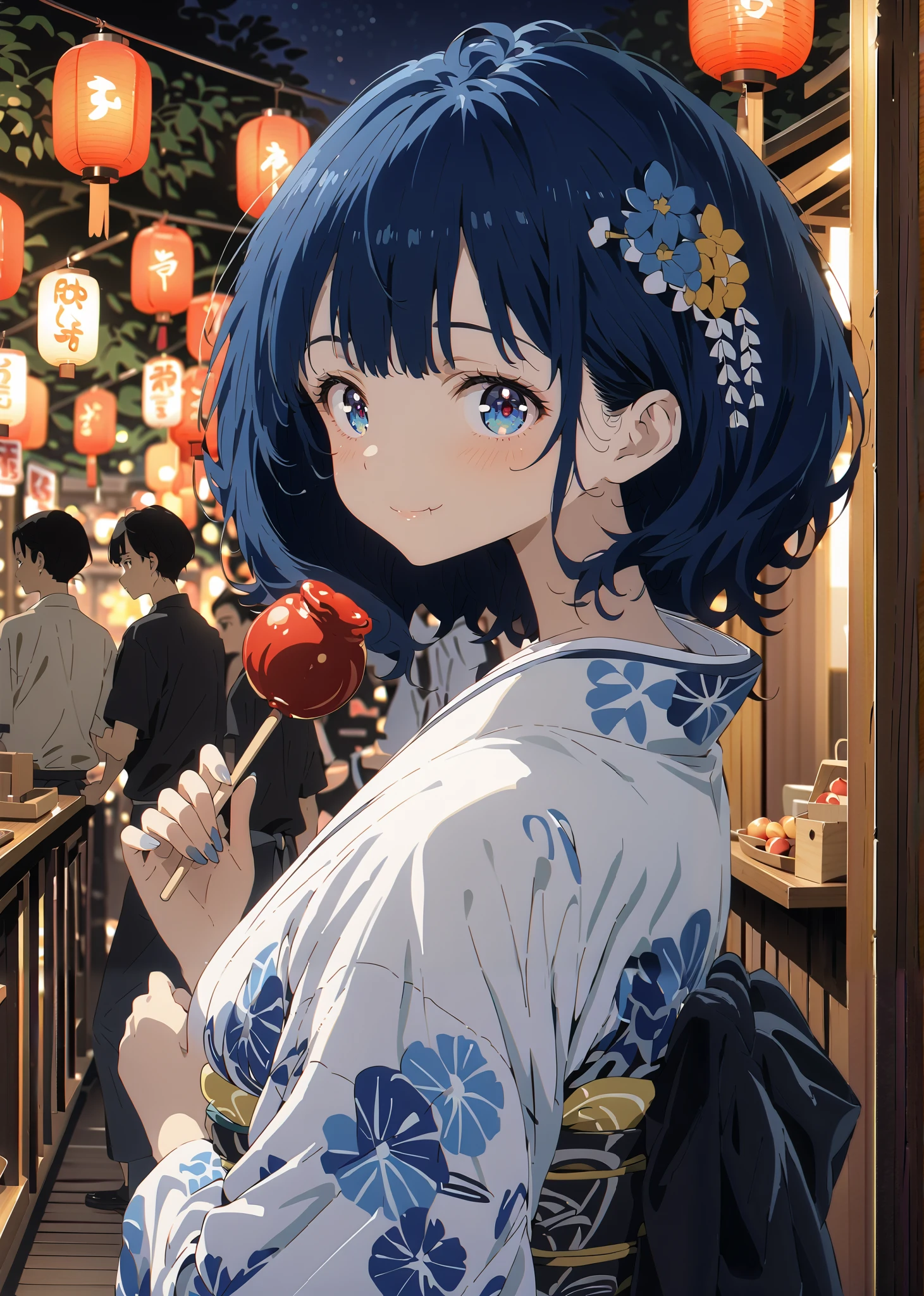 score_9, score_8_up, score_7_up, source_anime, Anayanami ,side lock,Single dumpling hair , Nape,flower hair ornament,blue eyes, stupid hair, blue hair,Big Breasts,smile,cover,Blue flower pattern kimono,turns around,Holding a candy apple with a stick in one hand,eating apple candy,Light up fireworks,Japanese stalls ,night,綺麗なnight景,mysterious,is standing,Red Lantern,fair,full bodyがillustrationsに入るように,break outdoors, Japanese festival,
break looking at viewer,full body,
break (masterpiece:1.2), best quality, high resolution, Unity 8k Wallpaper, (illustrations:0.8), (beautiful detailed eyes:1.6), very detailed face, so that it fits into the illustration, extremely detailed CG, (curved body, perfect anatomy from a shellfish),
