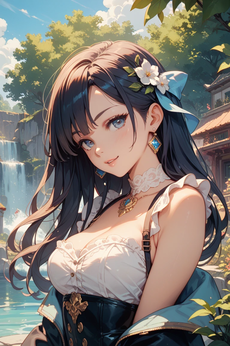 ( 3 girls), smile、Look into the camera、diamond necklace、braided hair, (Half-body maid cafe outfit with open chest showing breasts:1.1)revealing upper arms、Extra long twin tail feathers、Flower Hair Ornaments、 Masterpiece, Highest quality, 8ก, beautiful girl, young face、 photography, Cute face, thigh,(Sitting in a waterfall),、smile、small waist, blue eyes (((The chest is erect...)))(((round chest)))(((big breasts:1.1)))